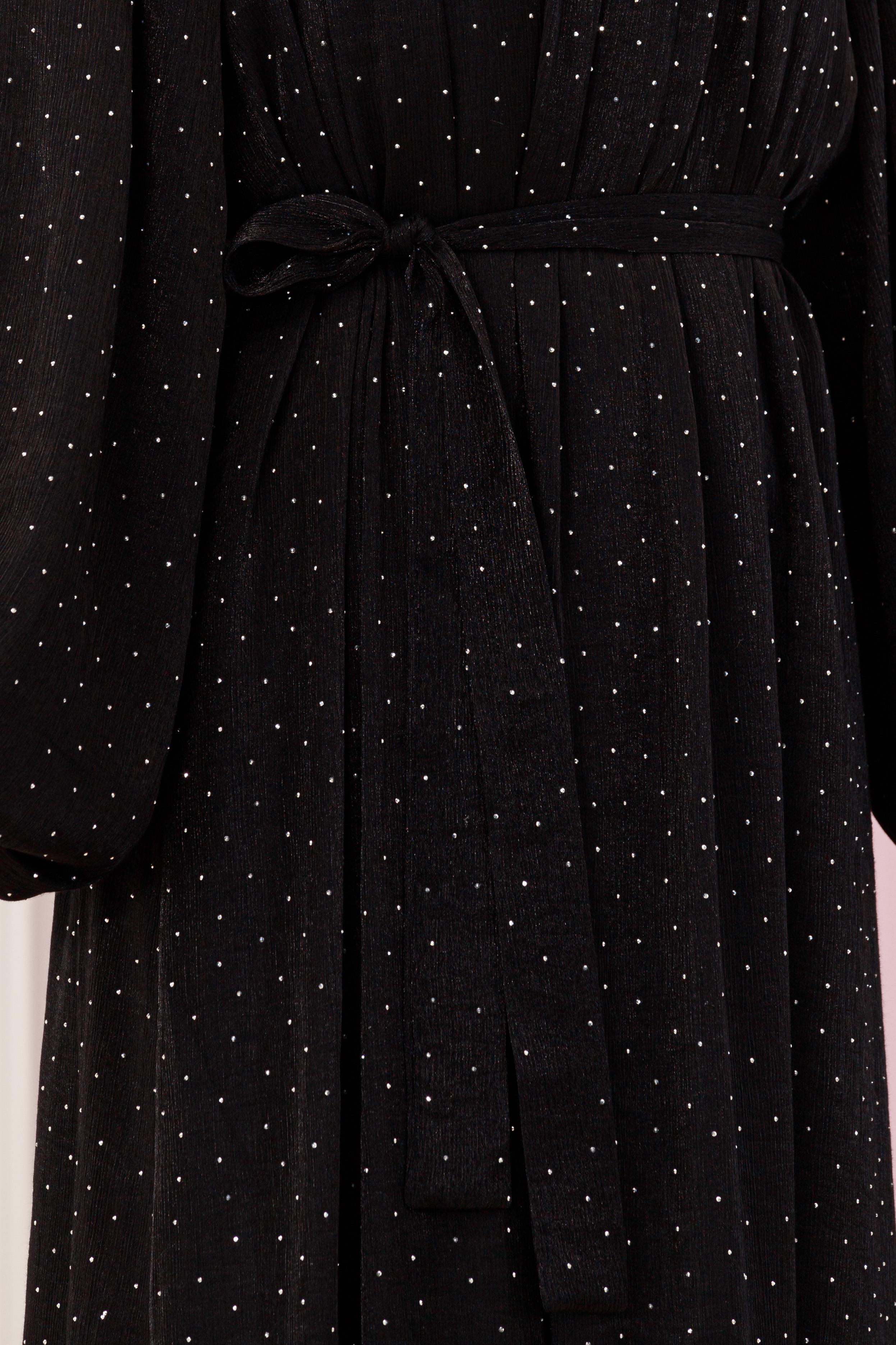 Balloon Sleeve Stoned  Evening Dress-black color