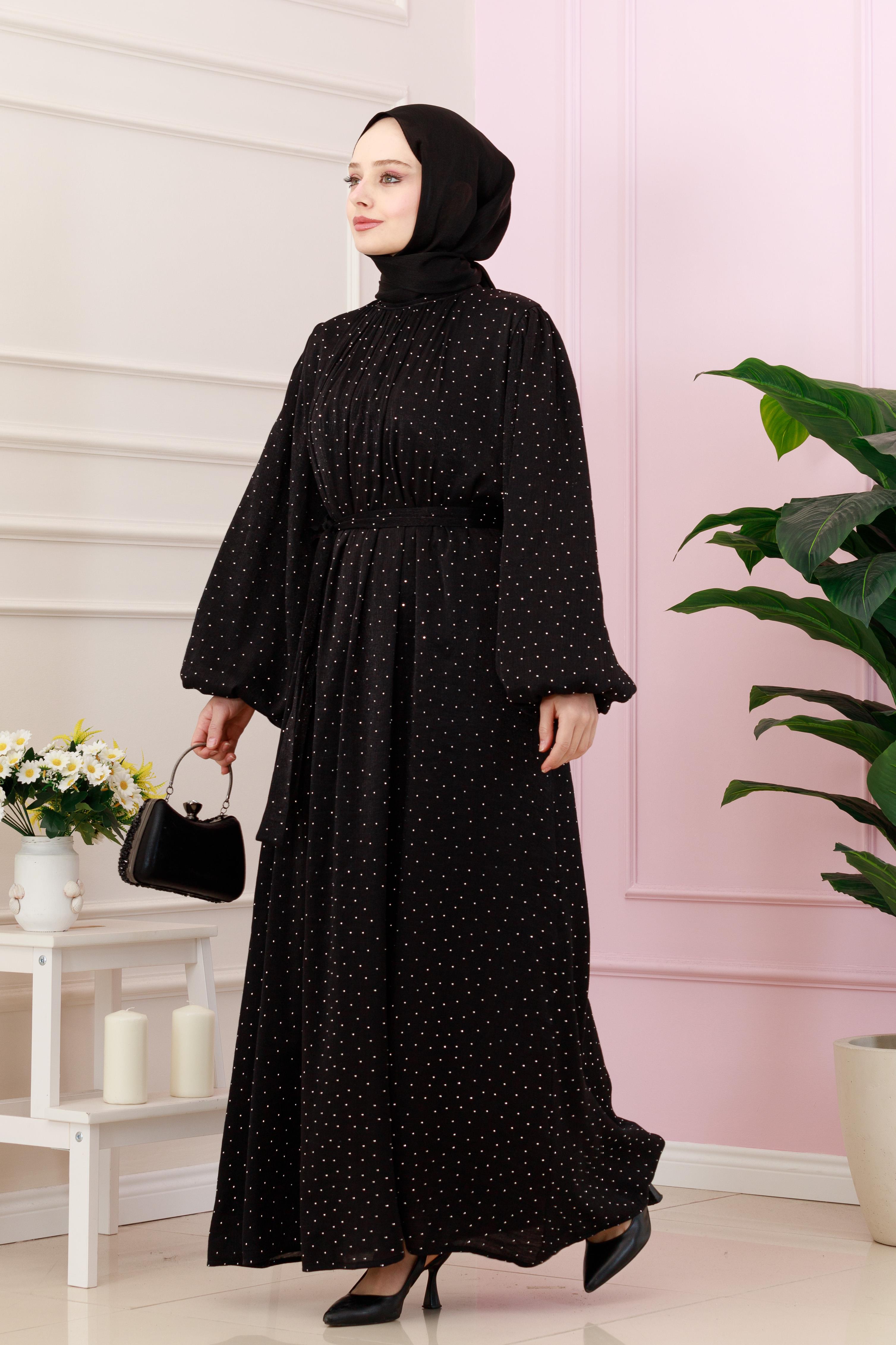 Balloon Sleeve Stoned  Evening Dress-black color