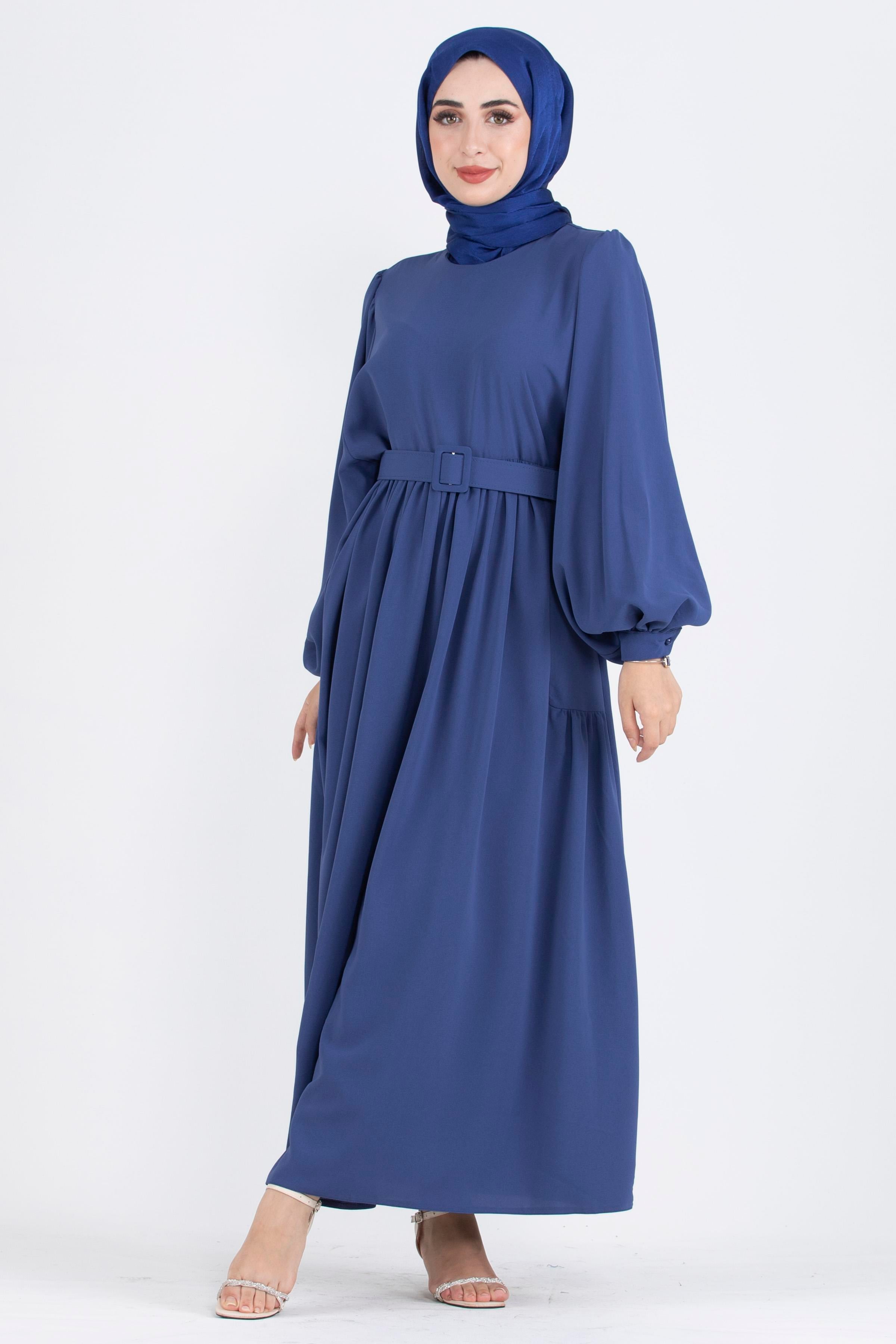 Balon Kol Yanı Büzgülü Elbise-Saks Mavi