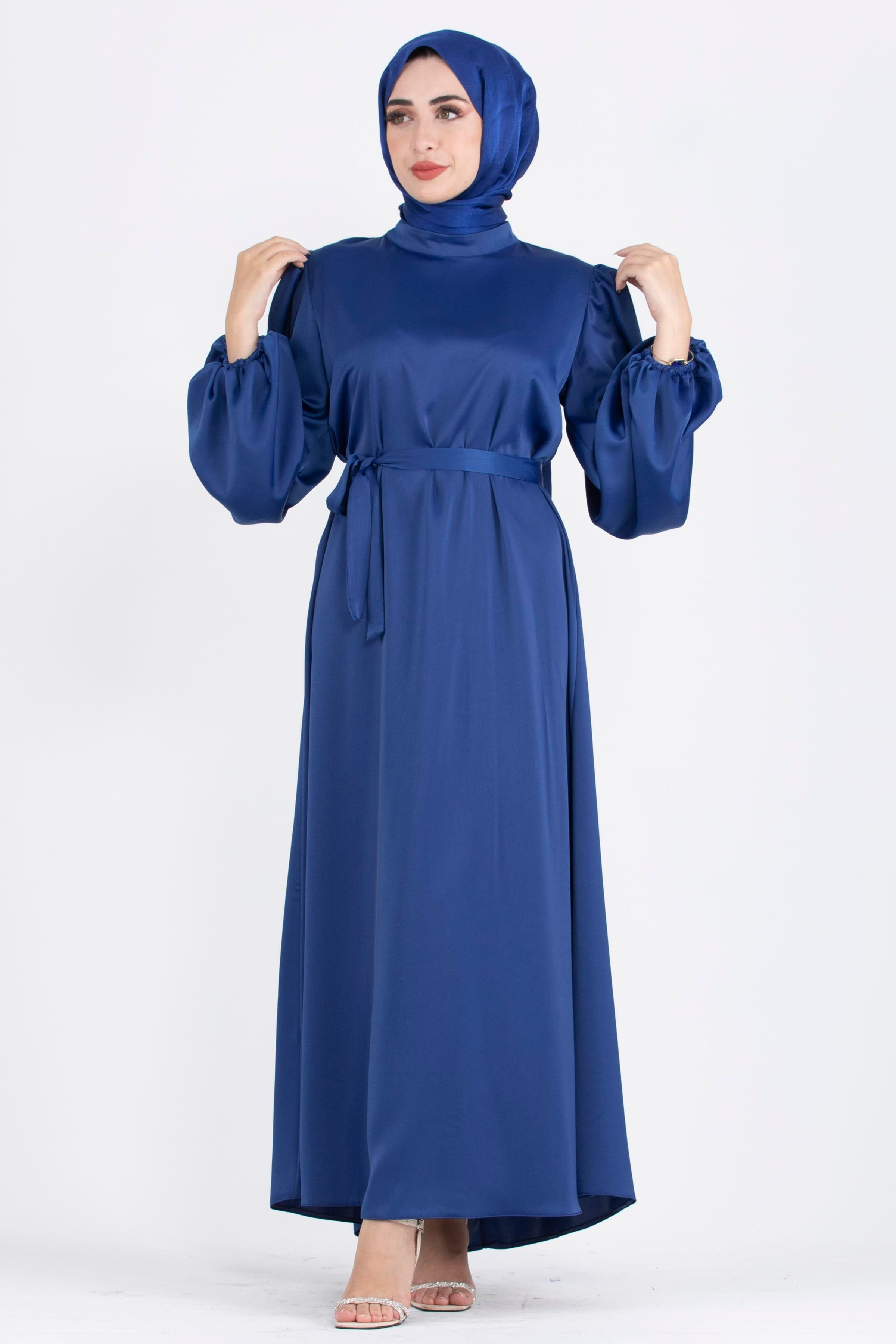 Balloon Sleeve Satin Evening Gown-Sax Blue