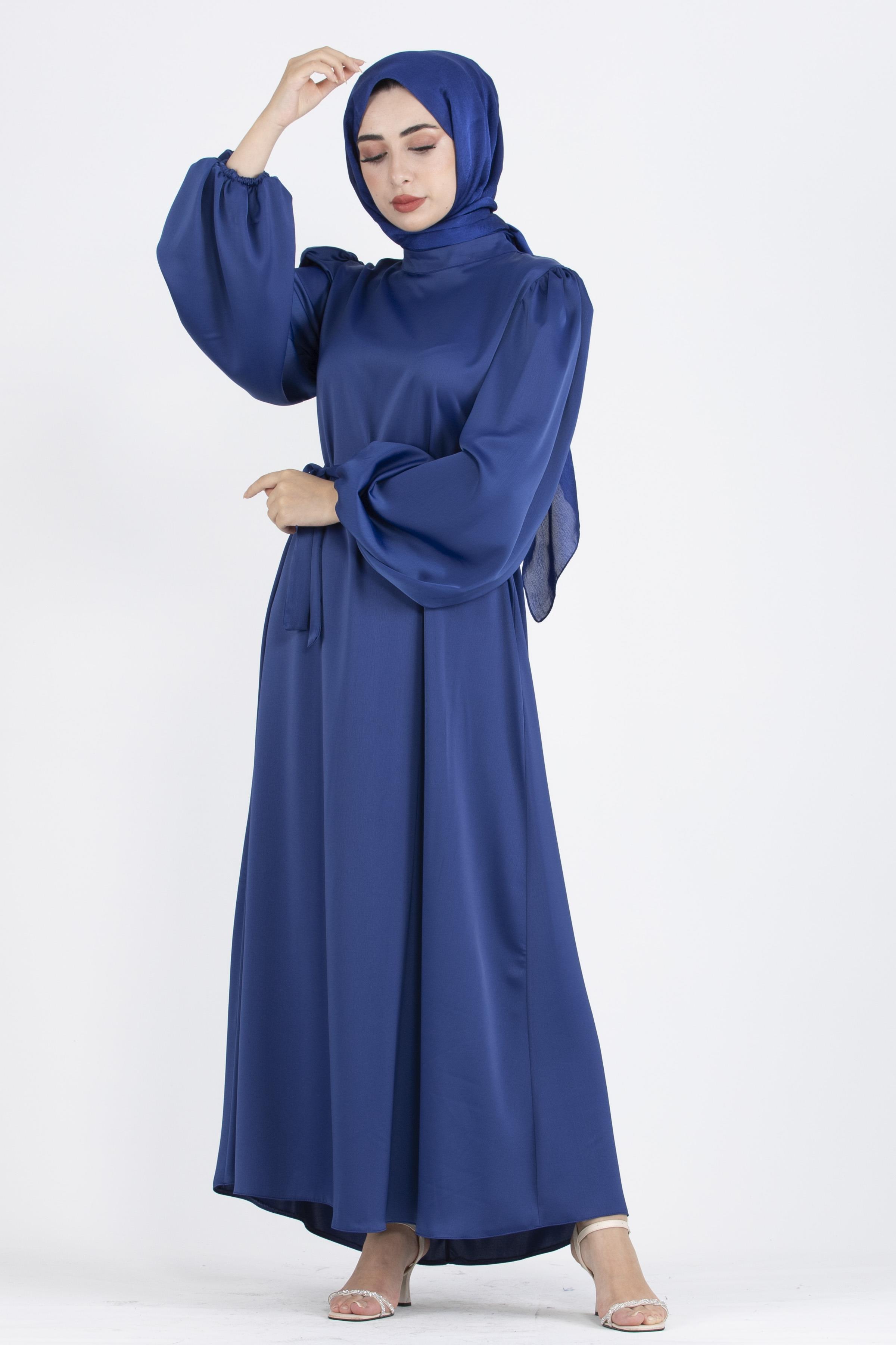 Balloon Sleeve Satin Evening Gown-Sax Blue