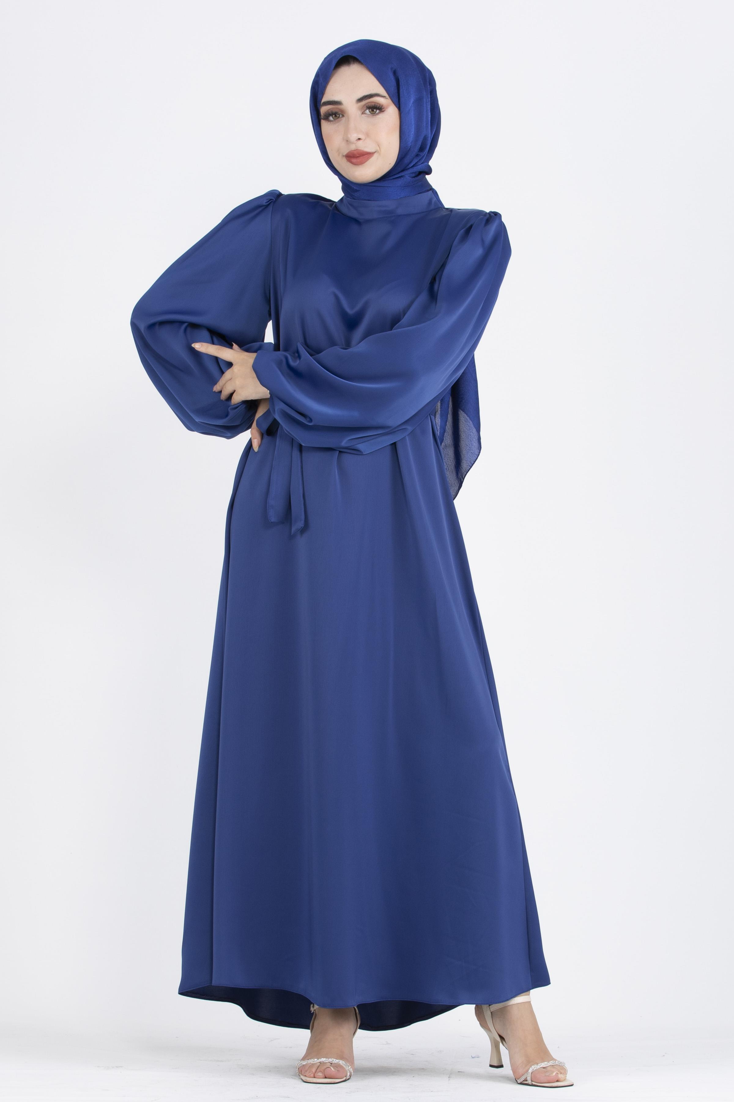 Balloon Sleeve Satin Evening Gown-Sax Blue