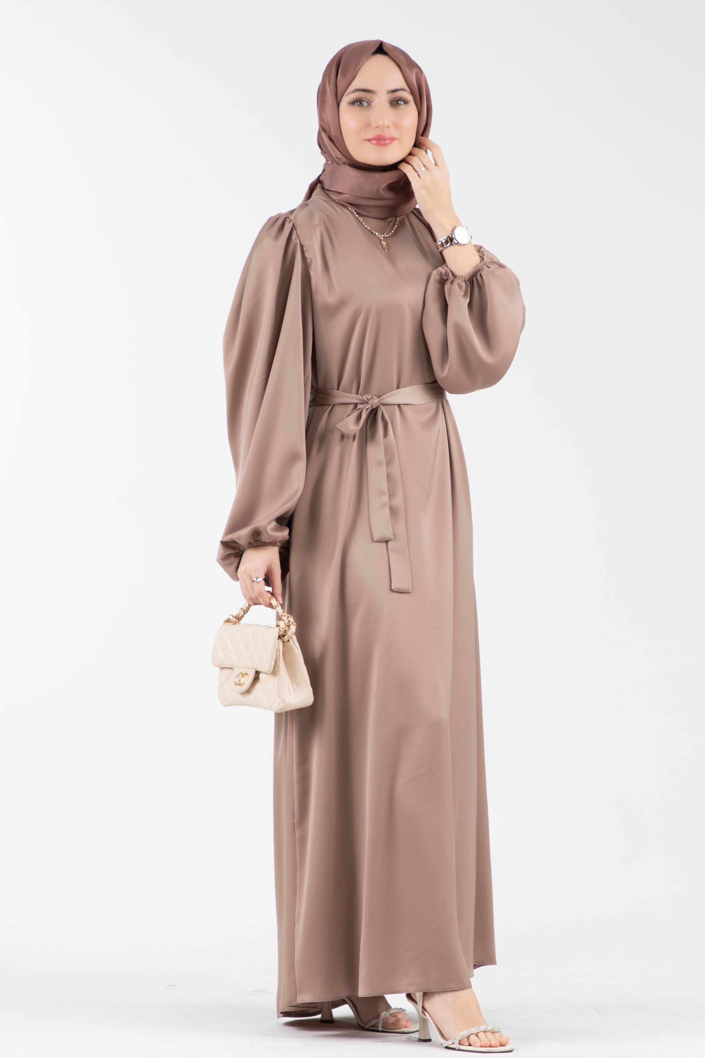 Balloon Sleeve Satin Evening Dress-Mink