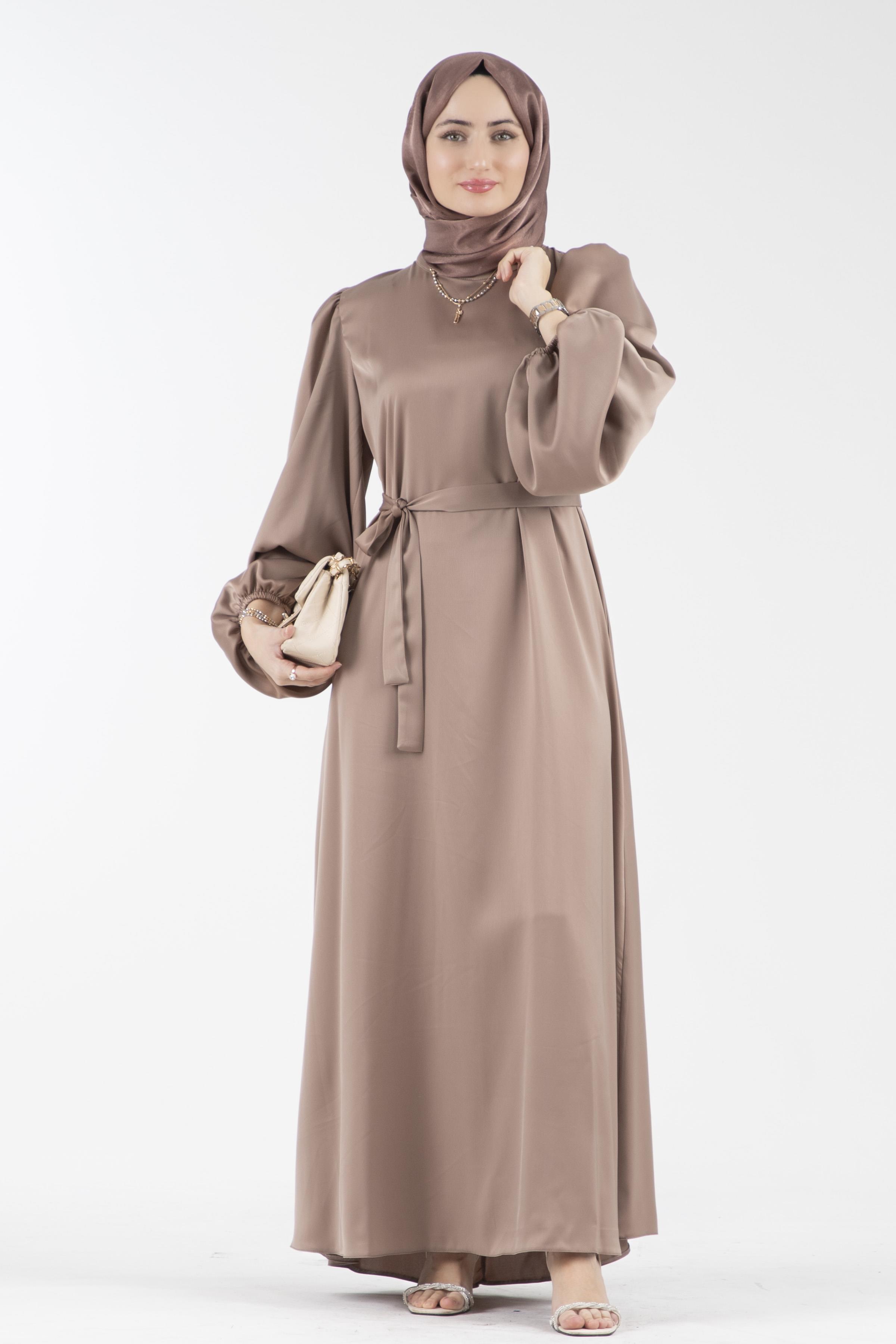 Balloon Sleeve Satin Evening Dress-Mink