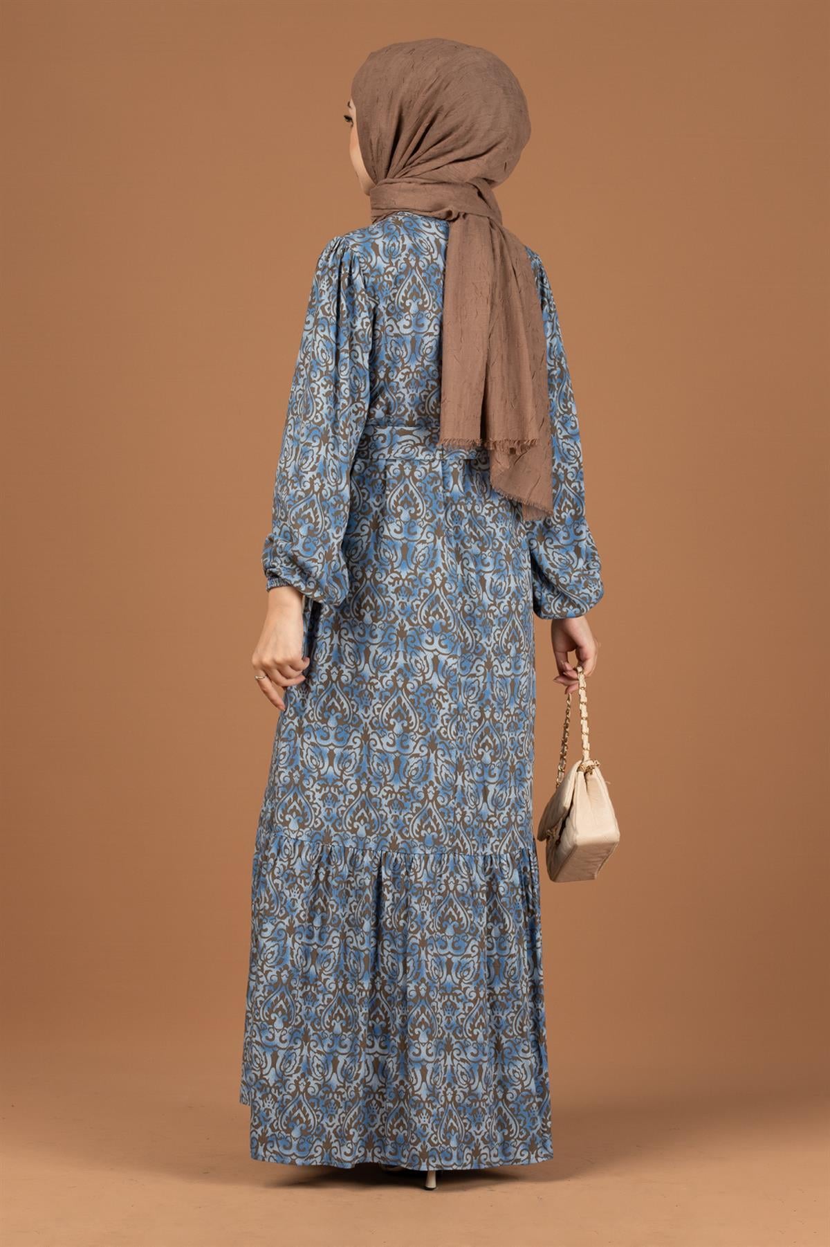 Baroque Patterned Viscose Dress-Brown