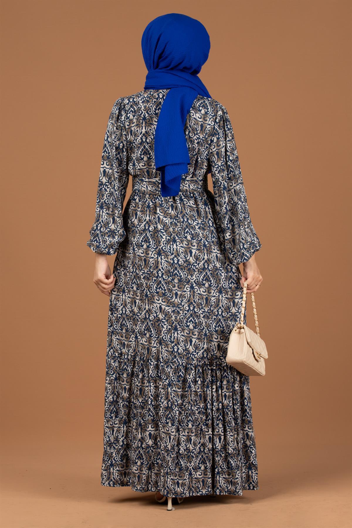 Baroque Patterned Viscose Dress-Sax Blue