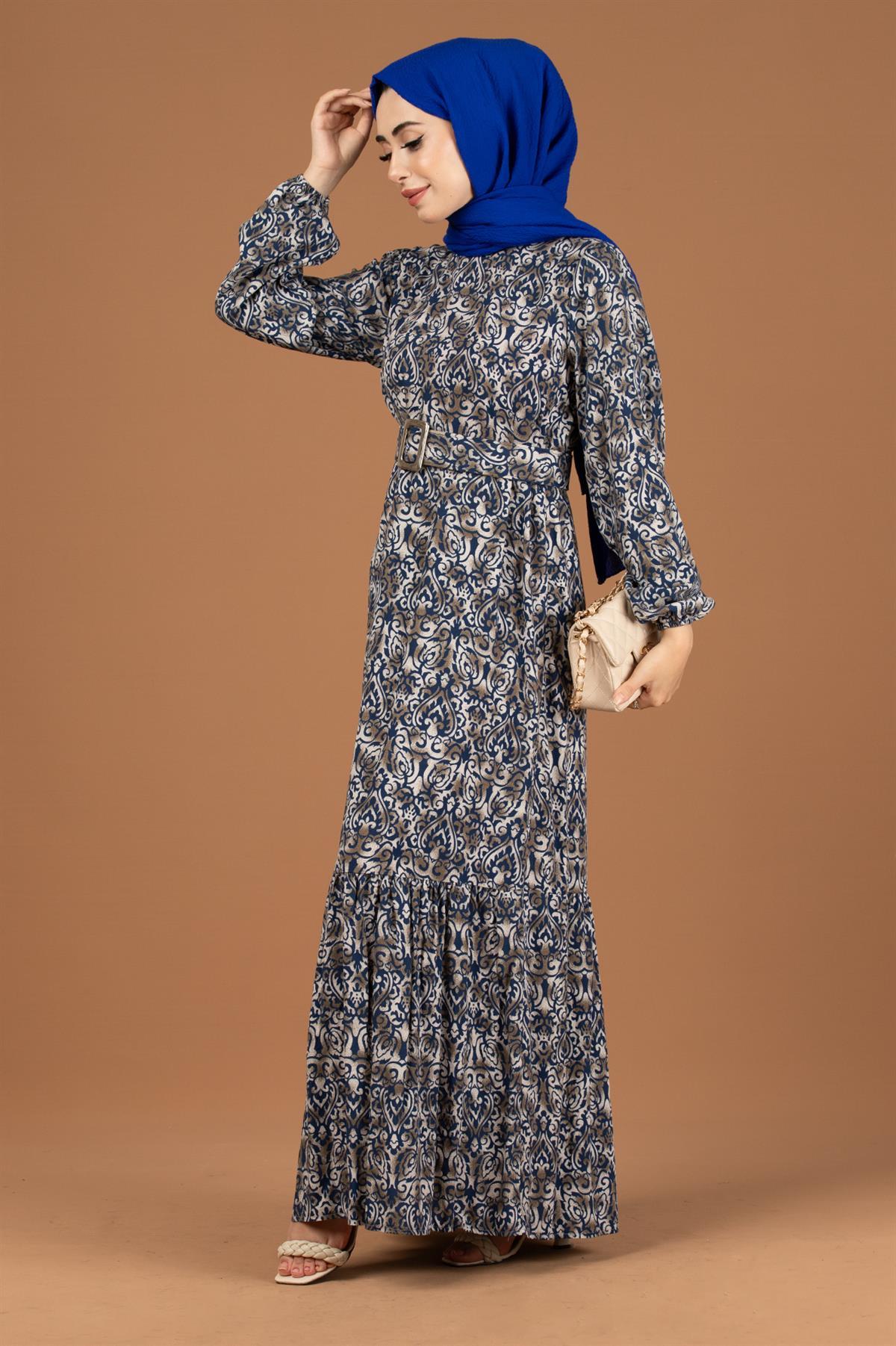 Baroque Patterned Viscose Dress-Sax Blue