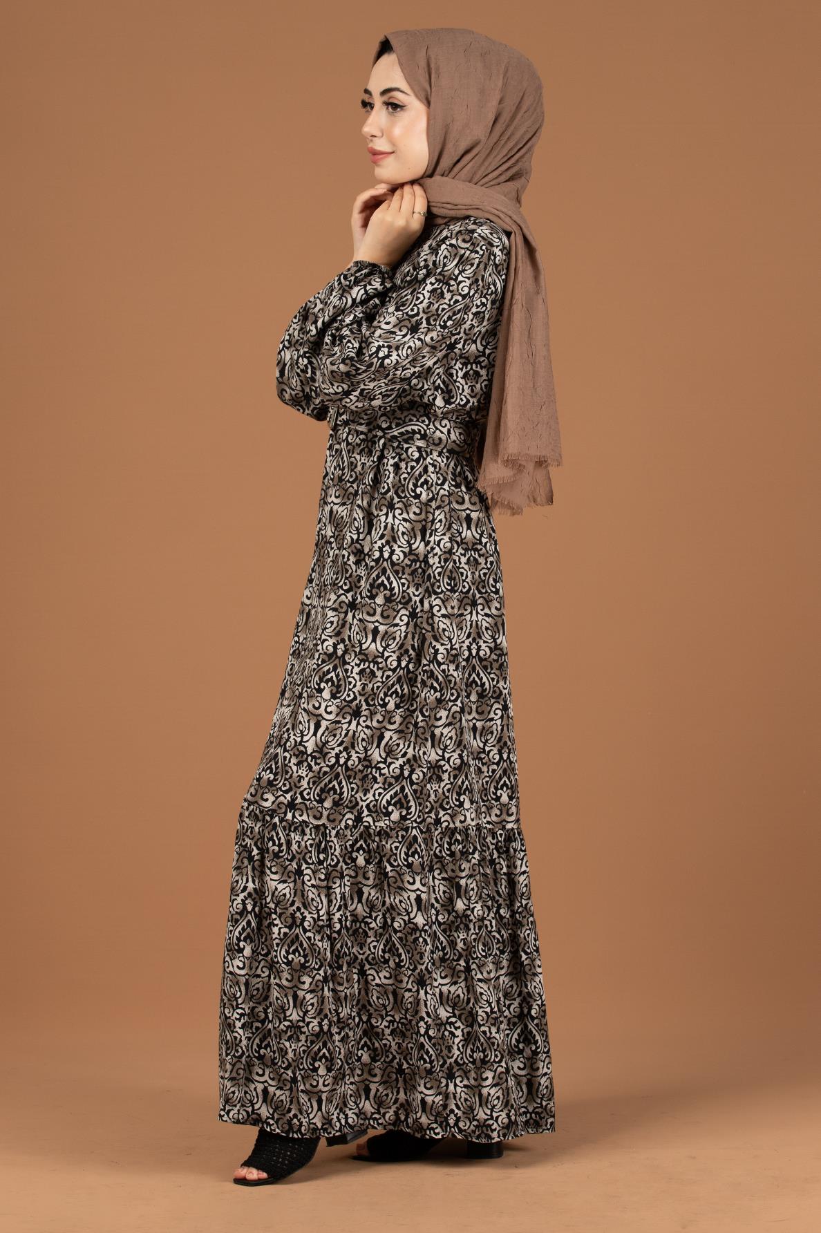 Baroque Patterned Viscose Dress-Black