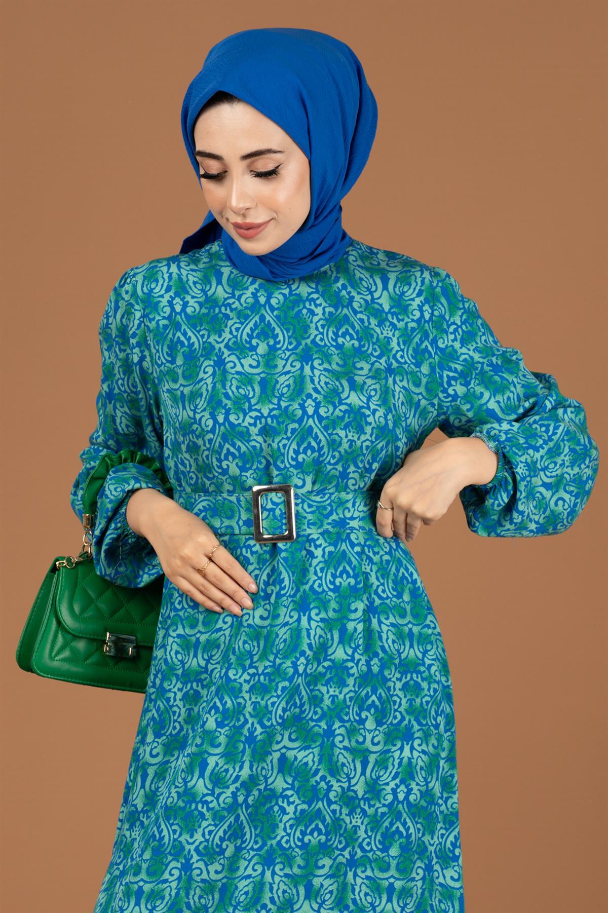 Baroque Patterned Viscose Dress-Green