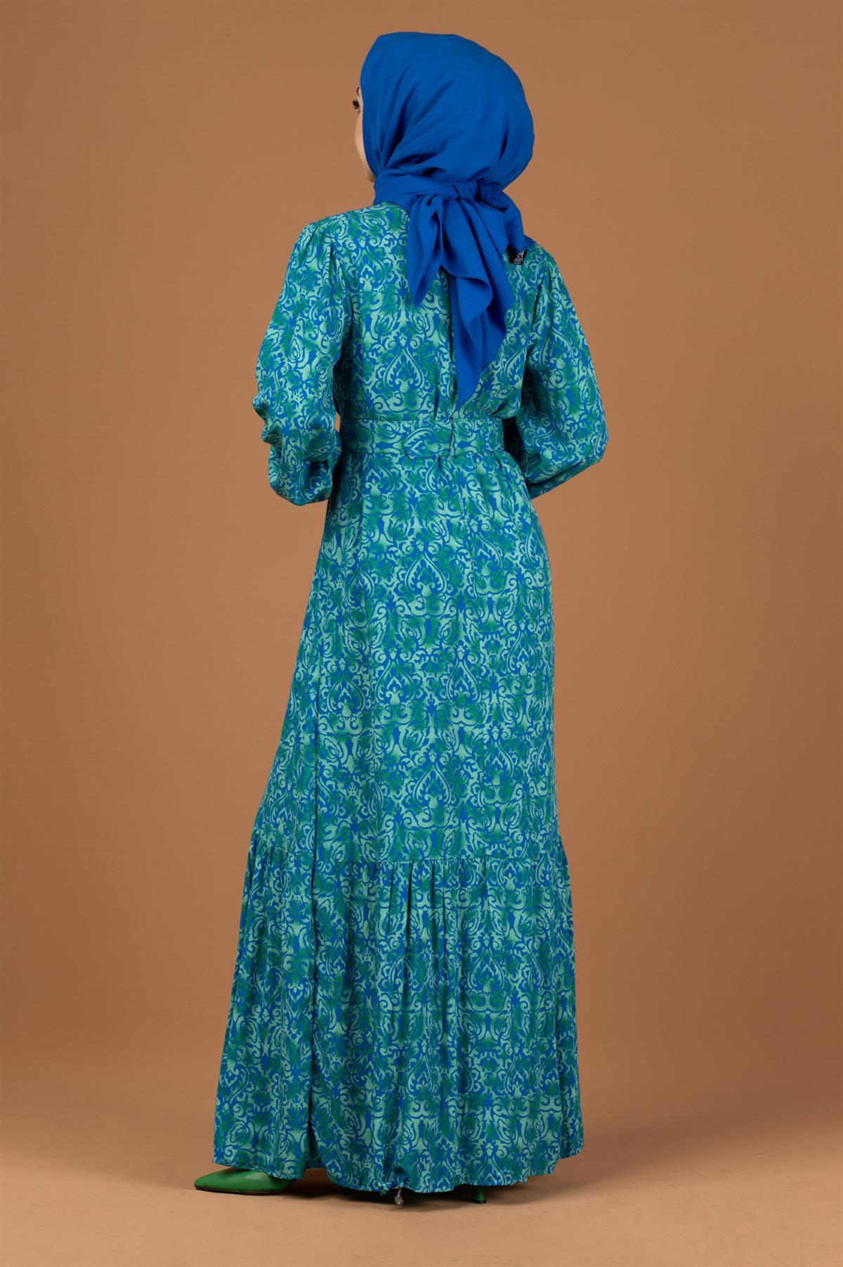 Baroque Patterned Viscose Dress-Green
