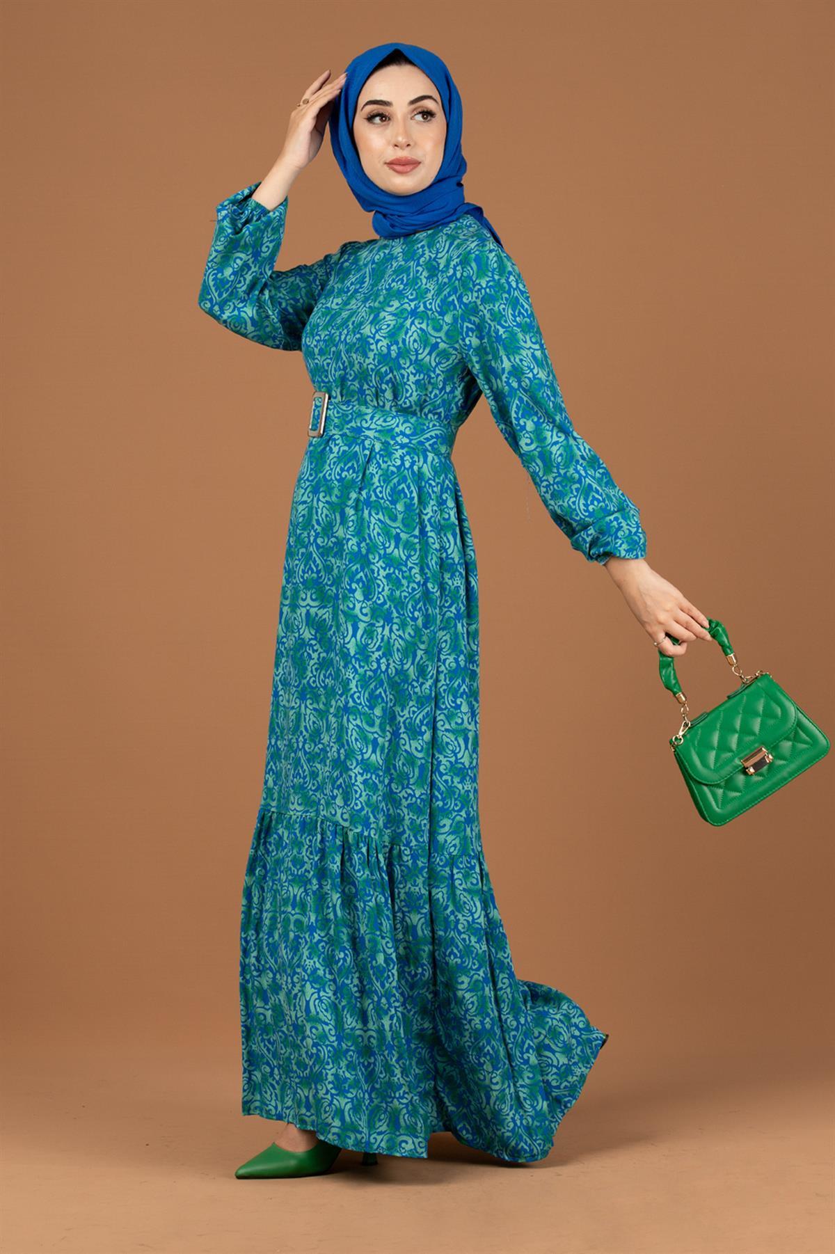 Baroque Patterned Viscose Dress-Green