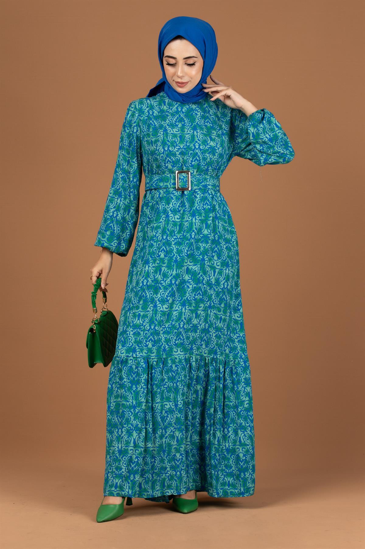 Baroque Patterned Viscose Dress-Green