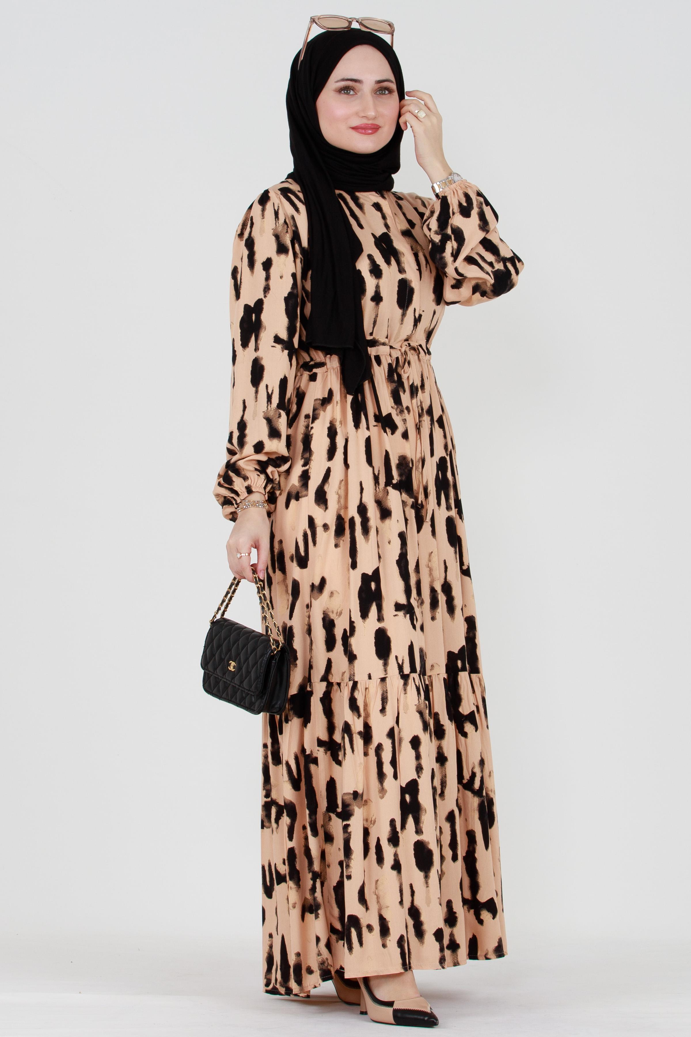 Batik Pattern Buttoned Viscose Dress - Black