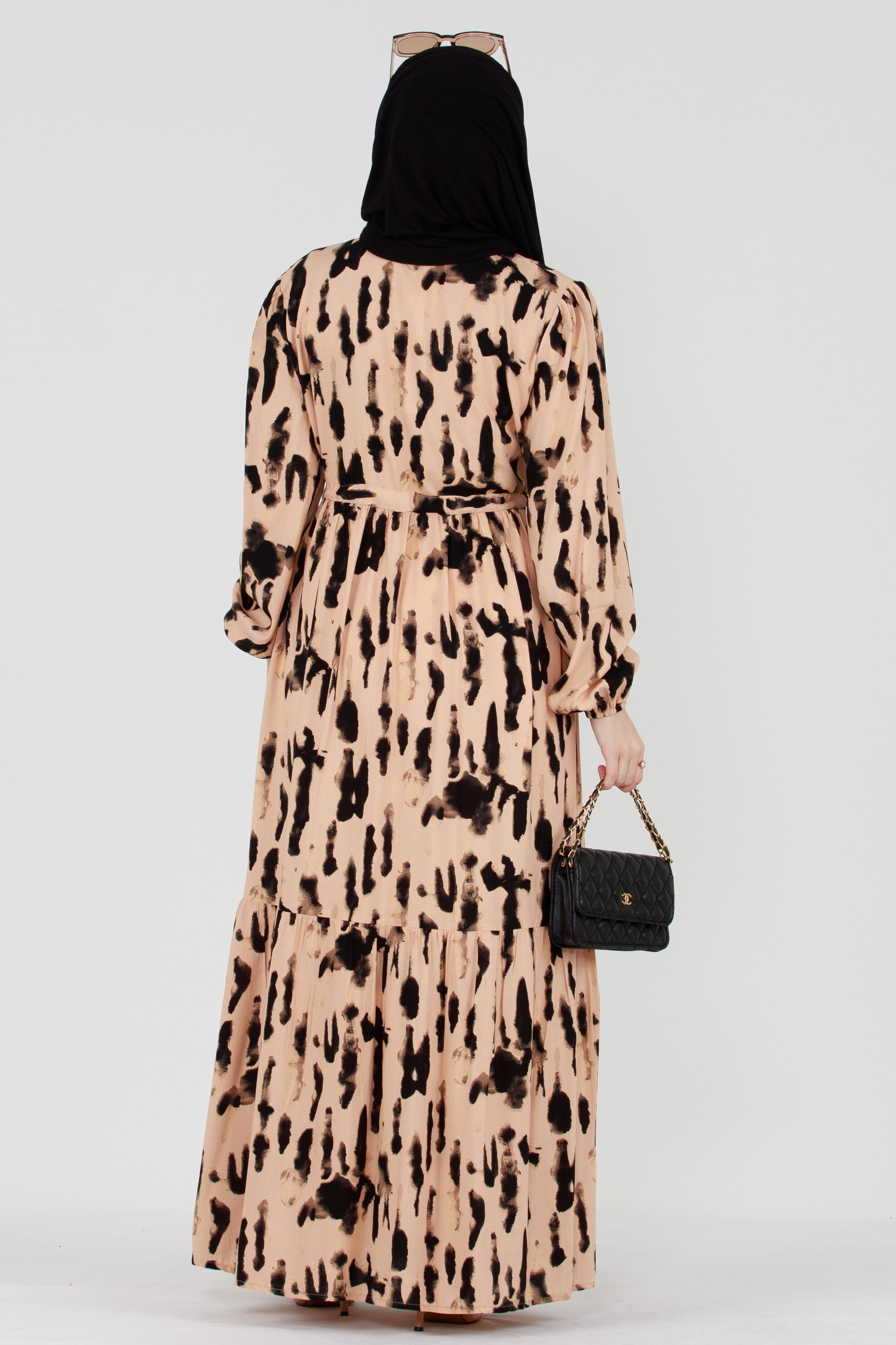 Batik Pattern Buttoned Viscose Dress - Black