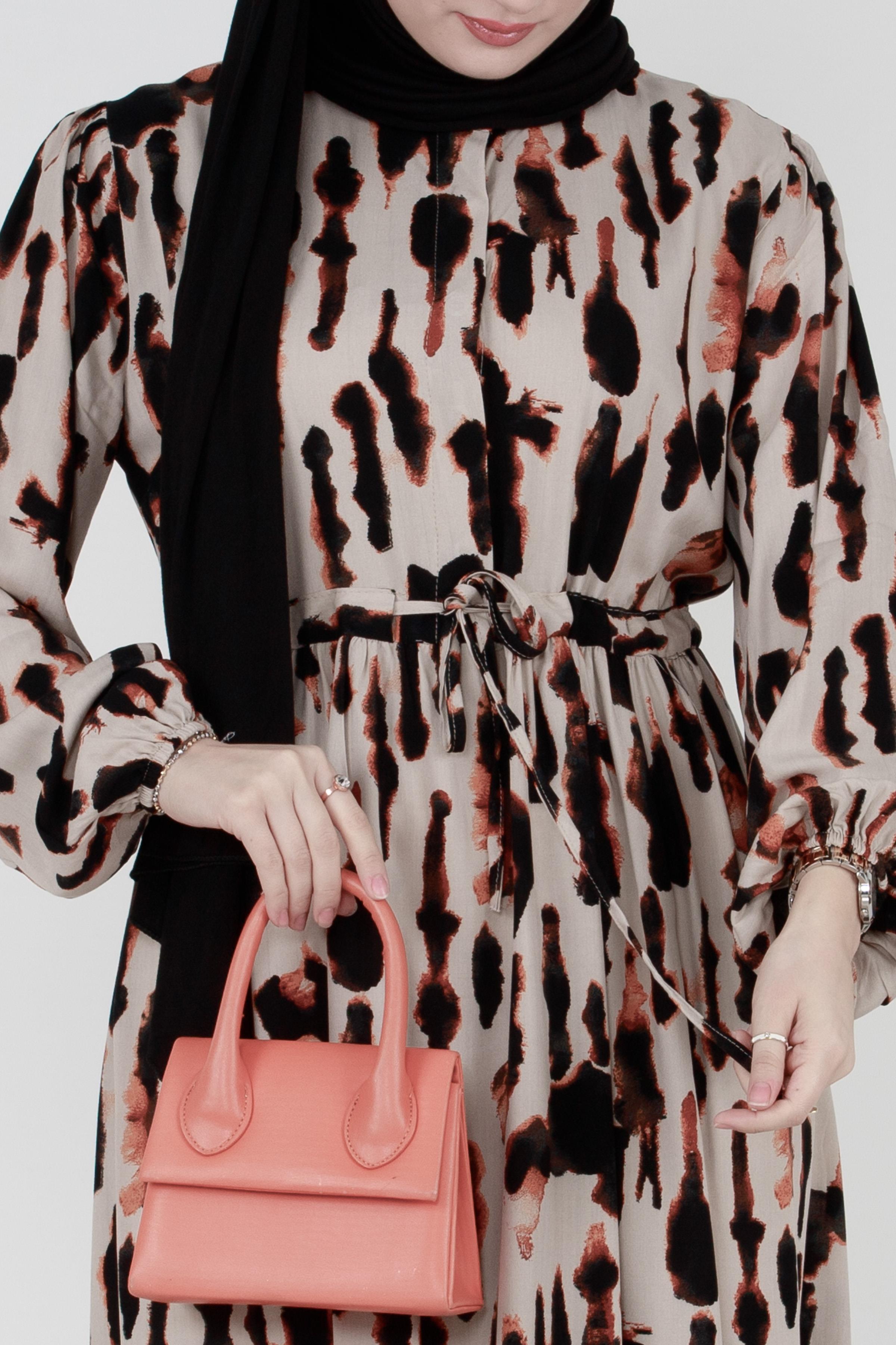 Batik Pattern Buttoned Viscose Dress - Mink