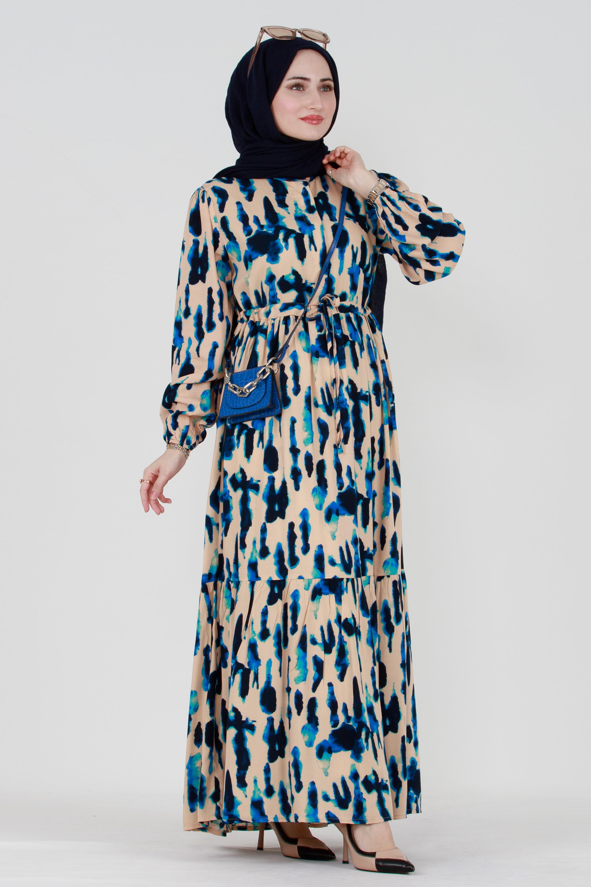Batik Pattern Buttoned Viscose Dress - Blue