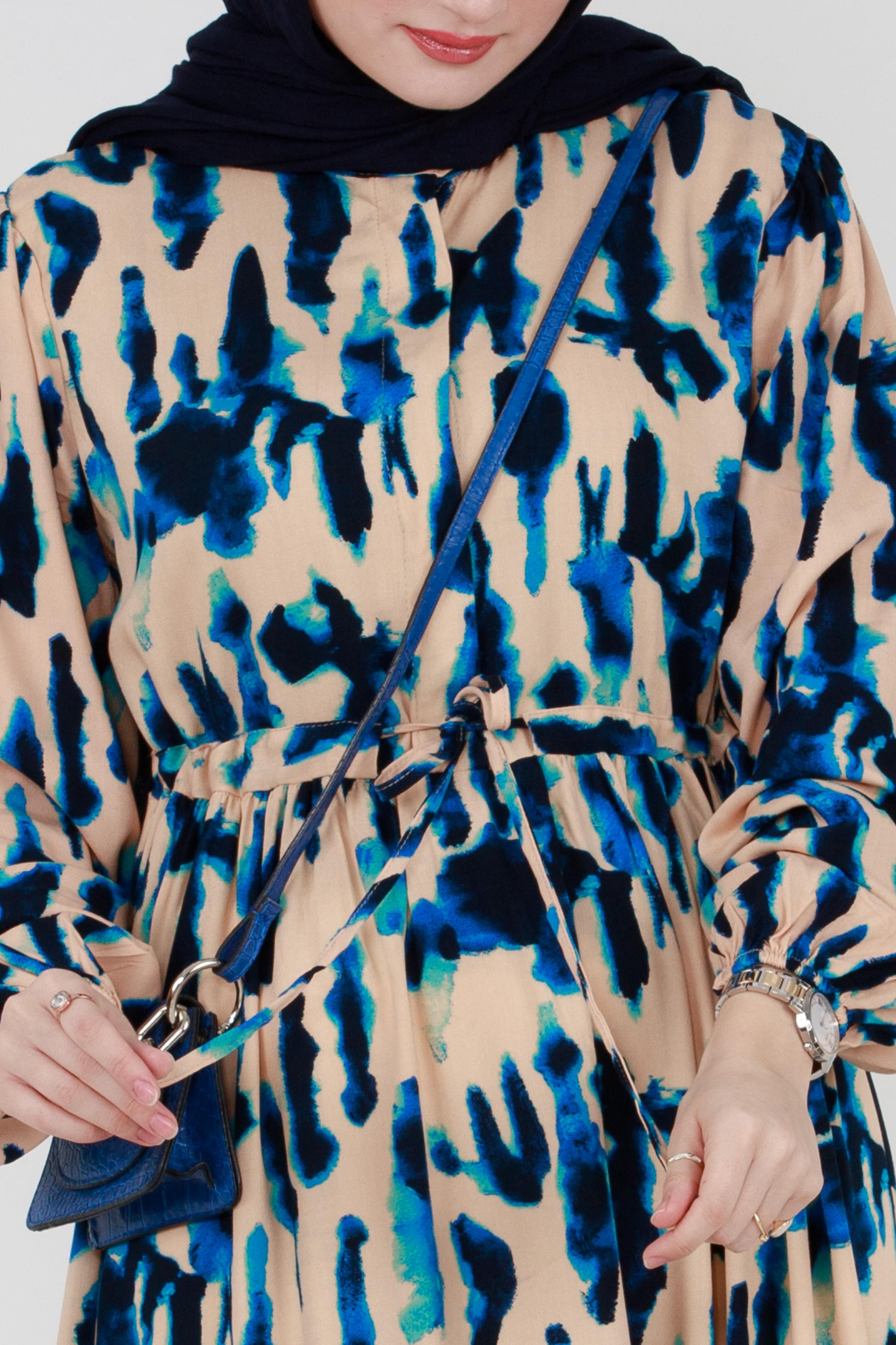Batik Pattern Buttoned Viscose Dress - Blue