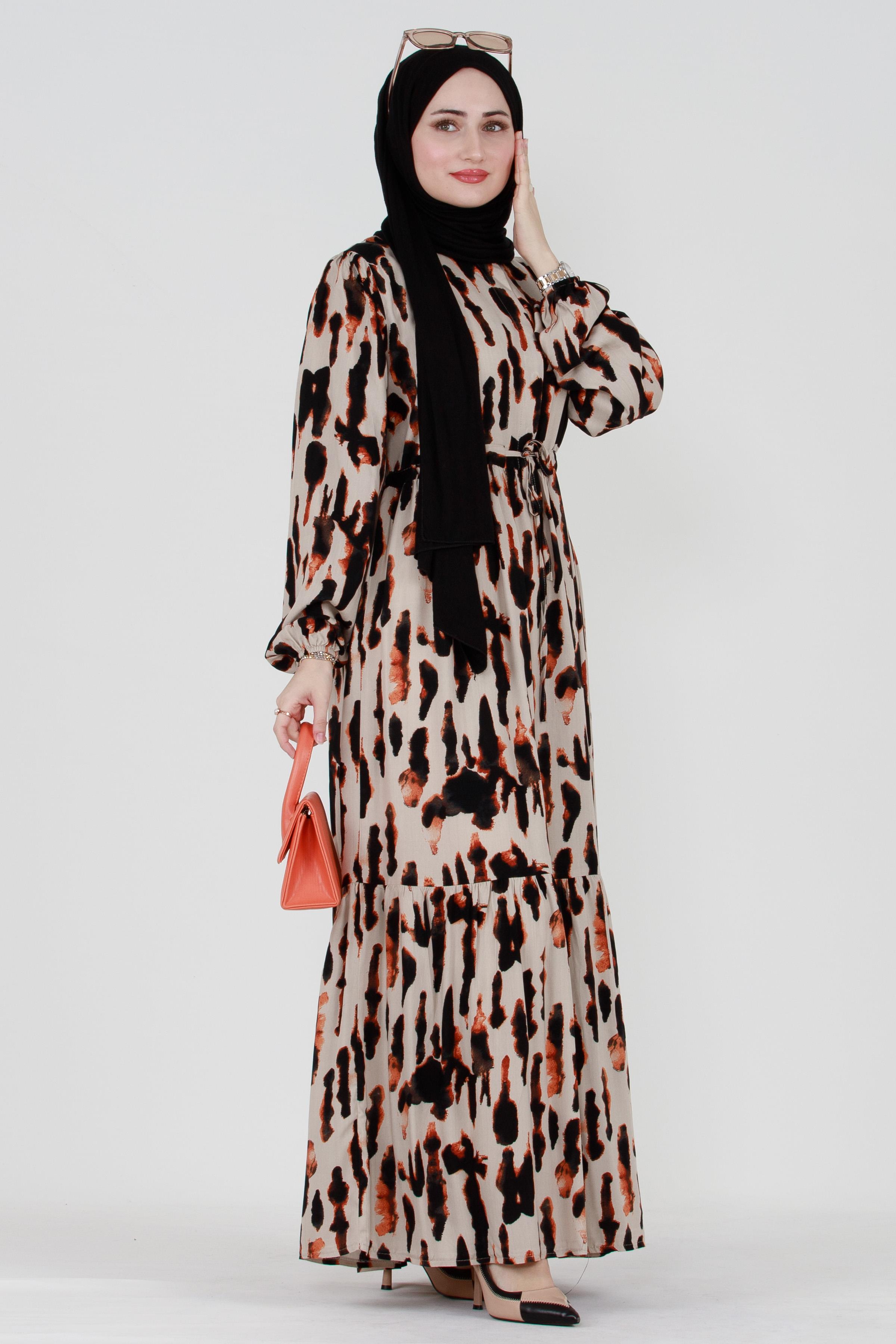 Batik Pattern Buttoned Viscose Dress - Mink