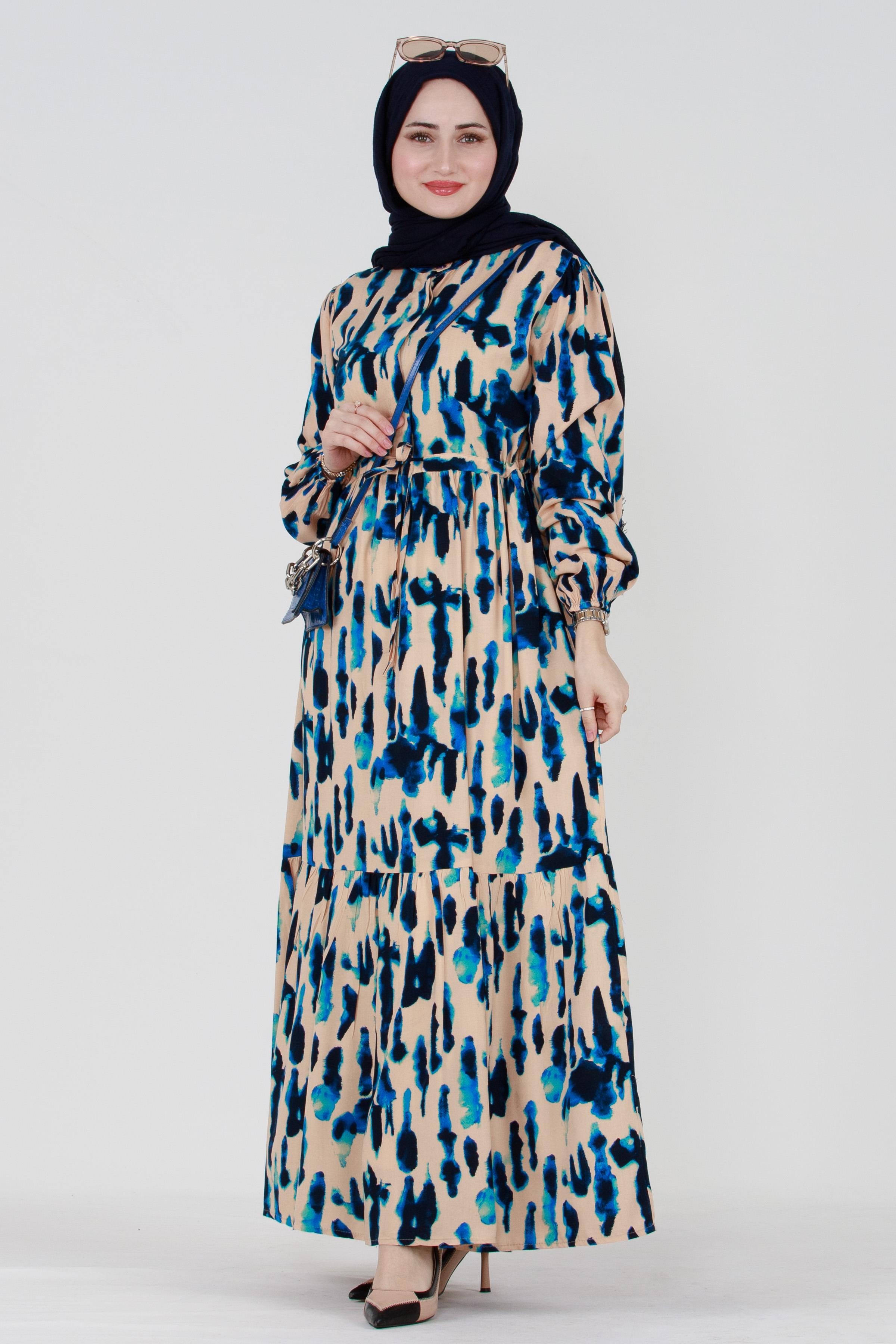 Batik Pattern Buttoned Viscose Dress - Blue