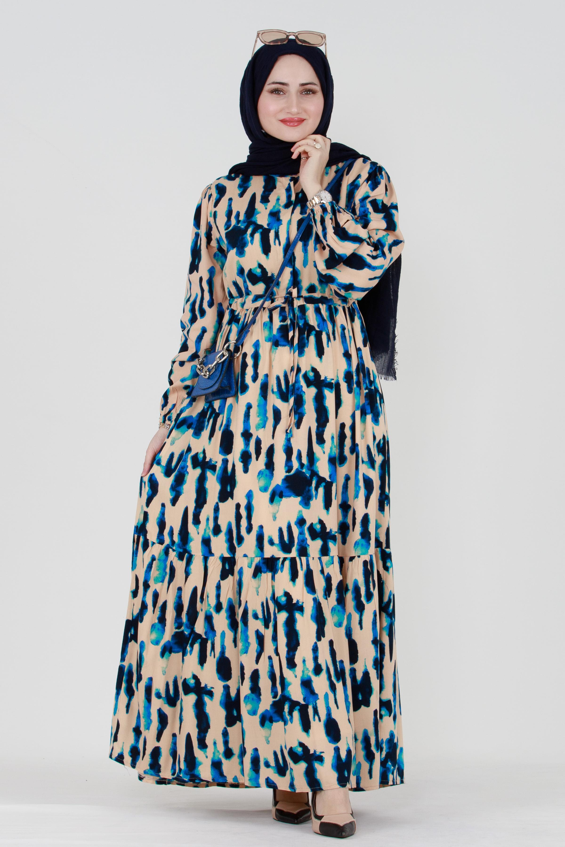 Batik Pattern Buttoned Viscose Dress - Blue