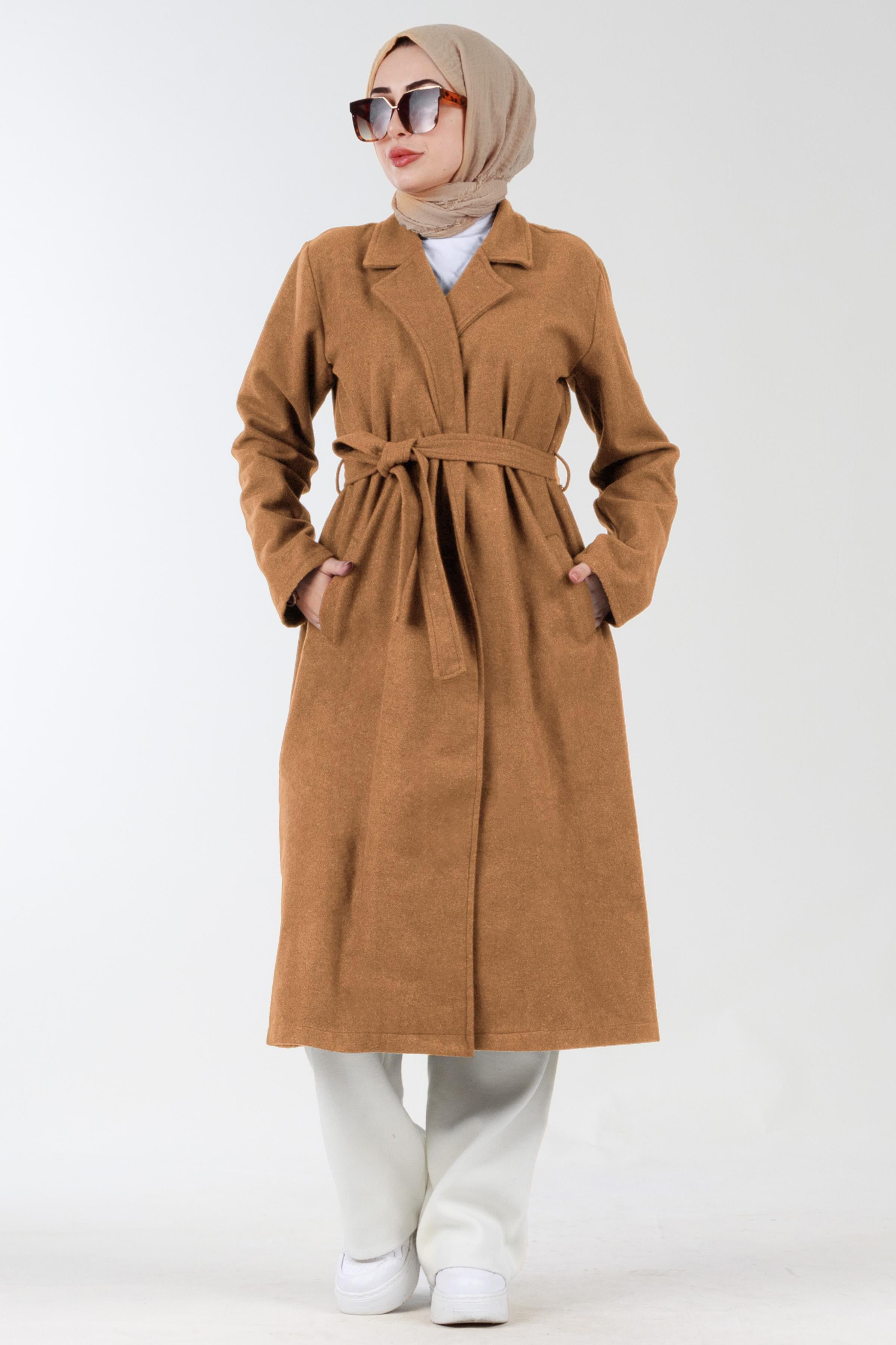 ترنشكوت منسوجة بحزام على الخصر-اللون العسلي