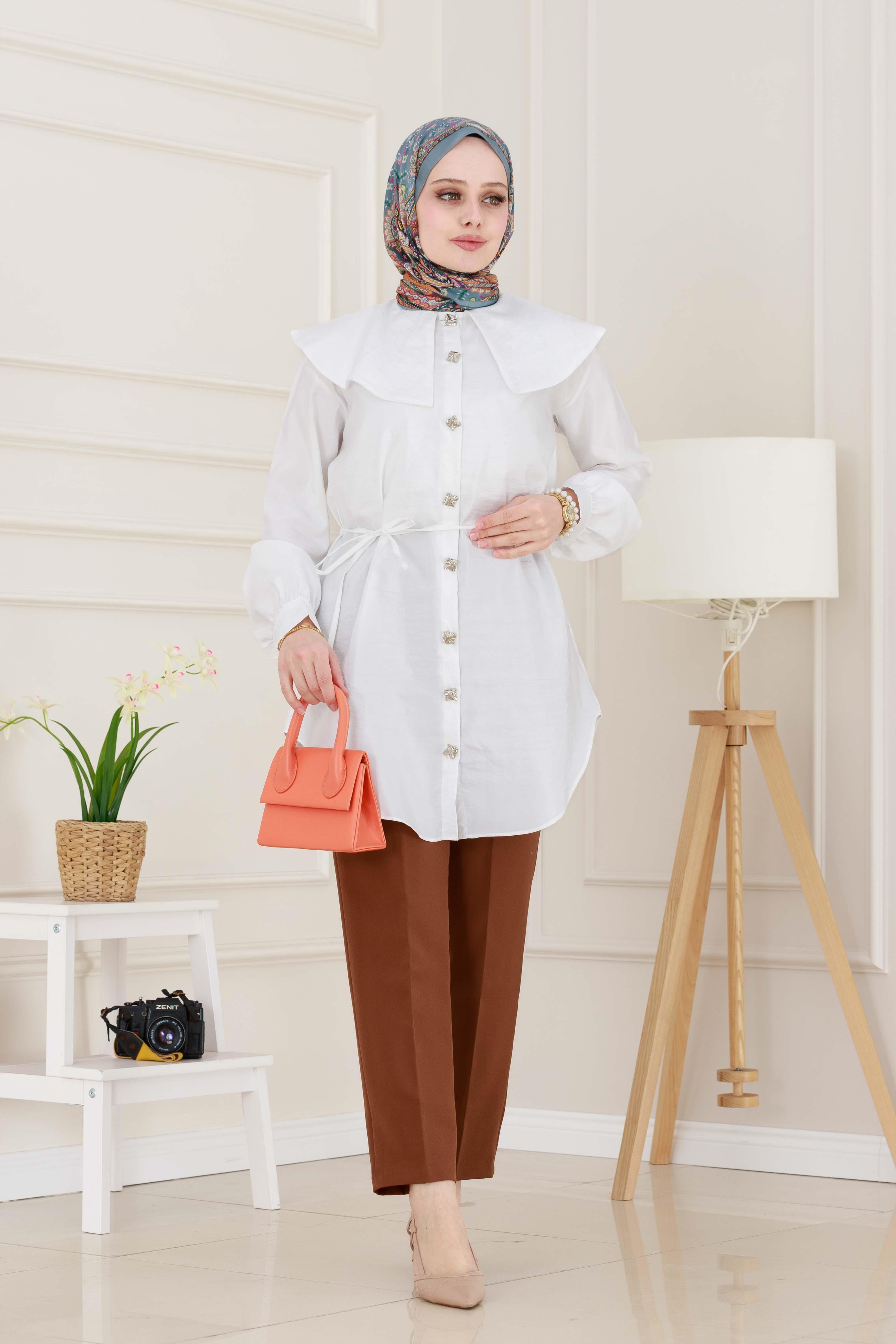 Beli Bağcık Detaylı Geniş Yaka Tunik-Beyaz