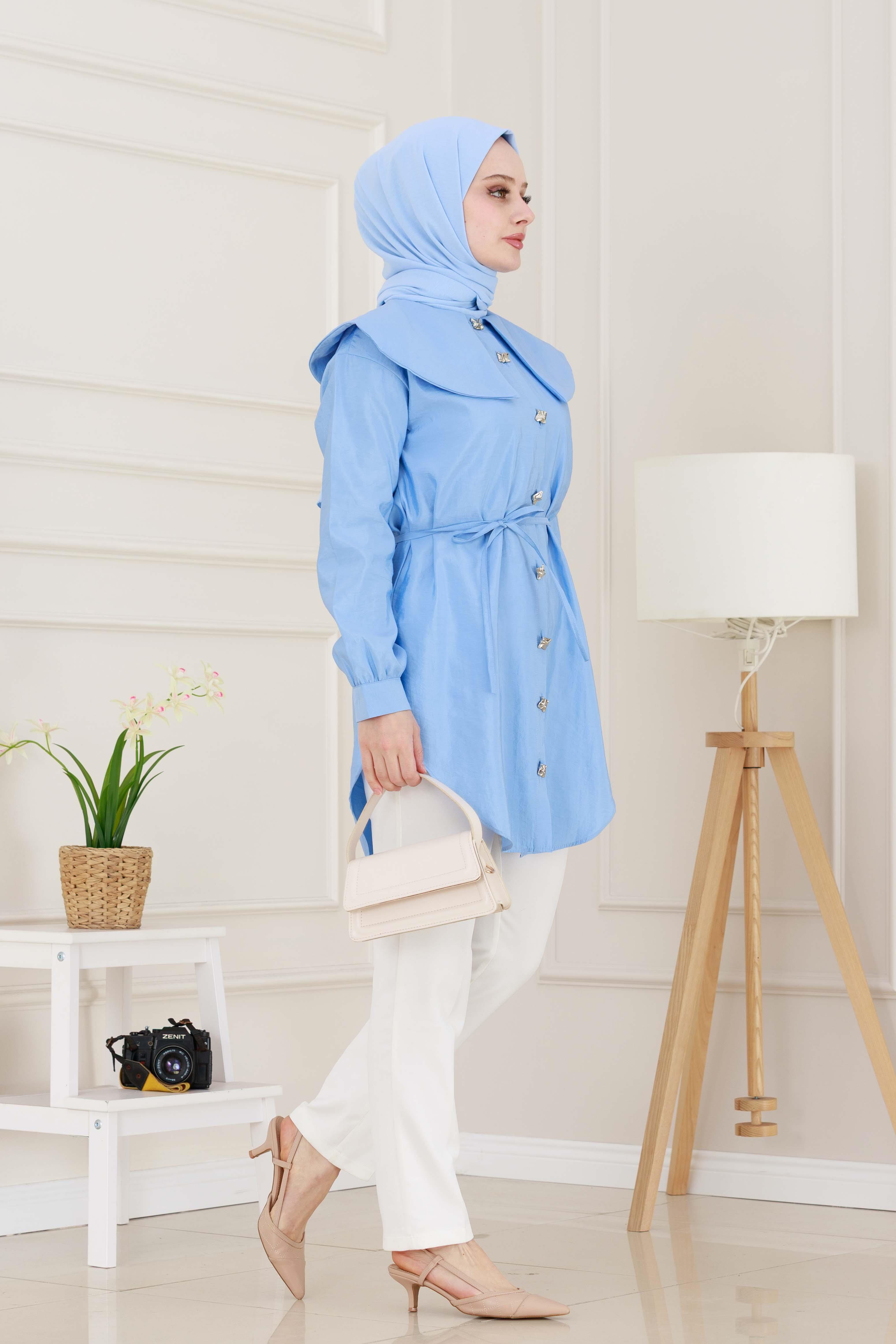 Beli Bağcık Detaylı Geniş Yaka Tunik-Bebe mavi
