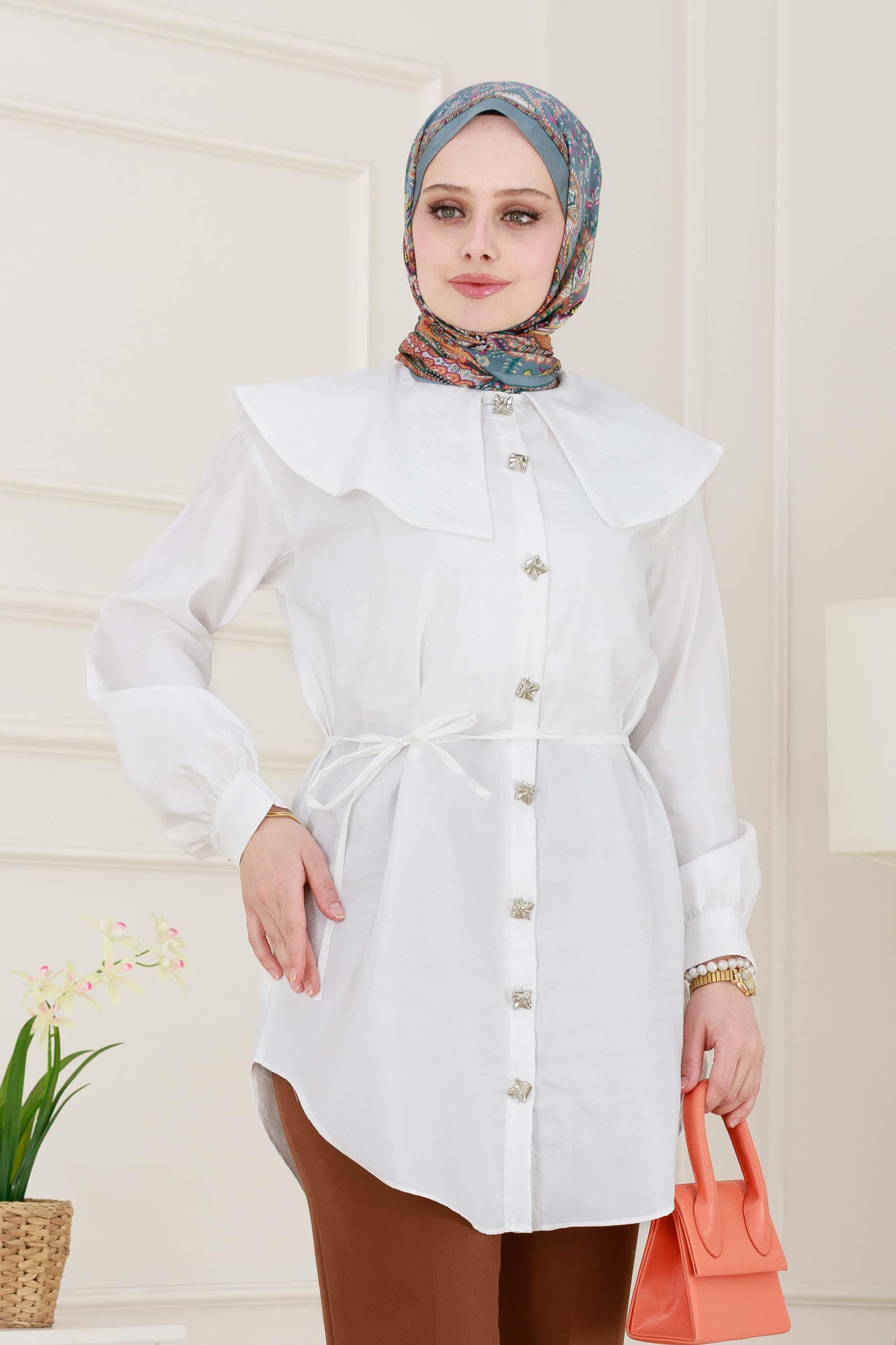 Beli Bağcık Detaylı Geniş Yaka Tunik-Beyaz