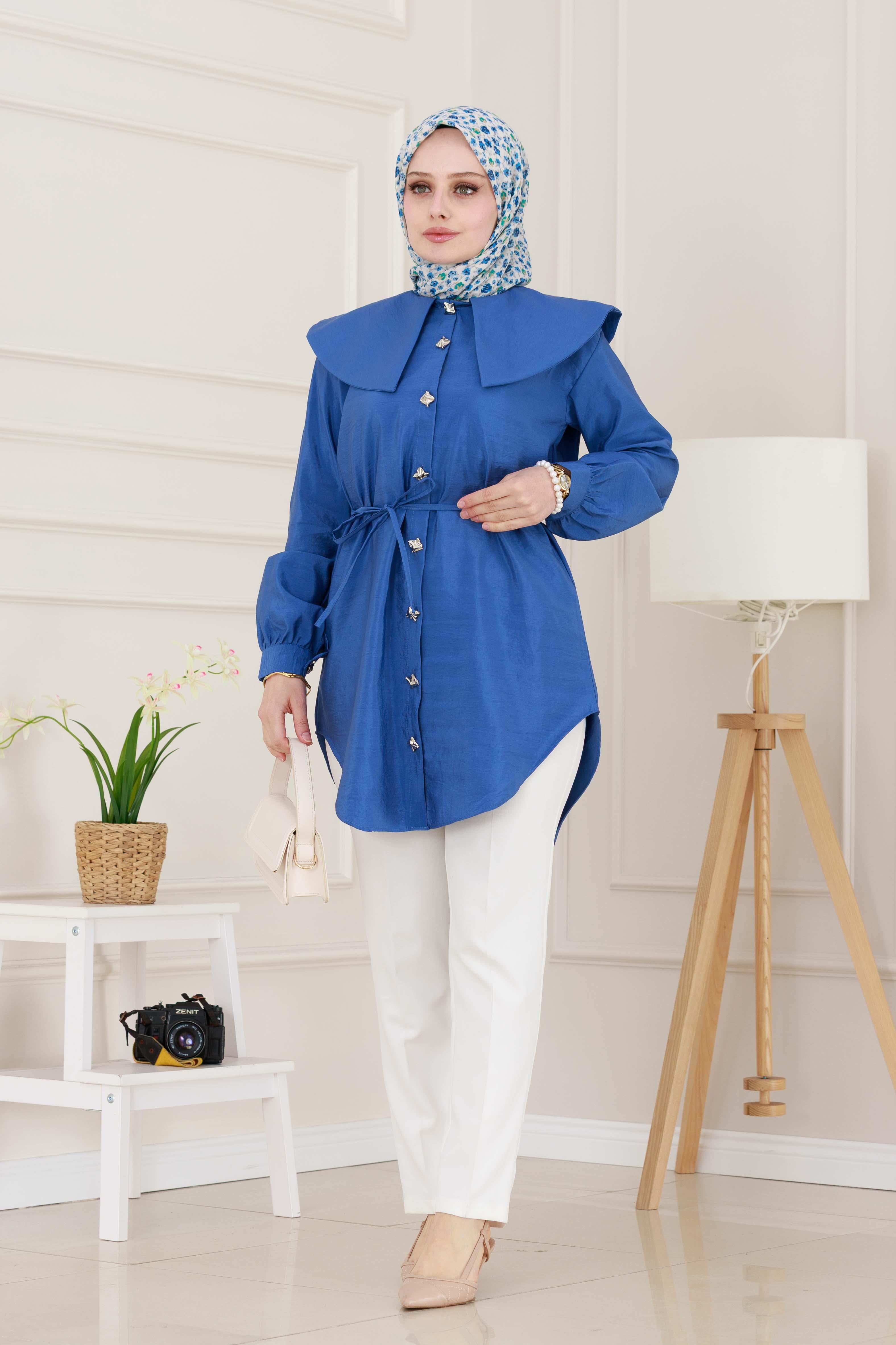 Beli Bağcık Detaylı Geniş Yaka Tunik-İndigo