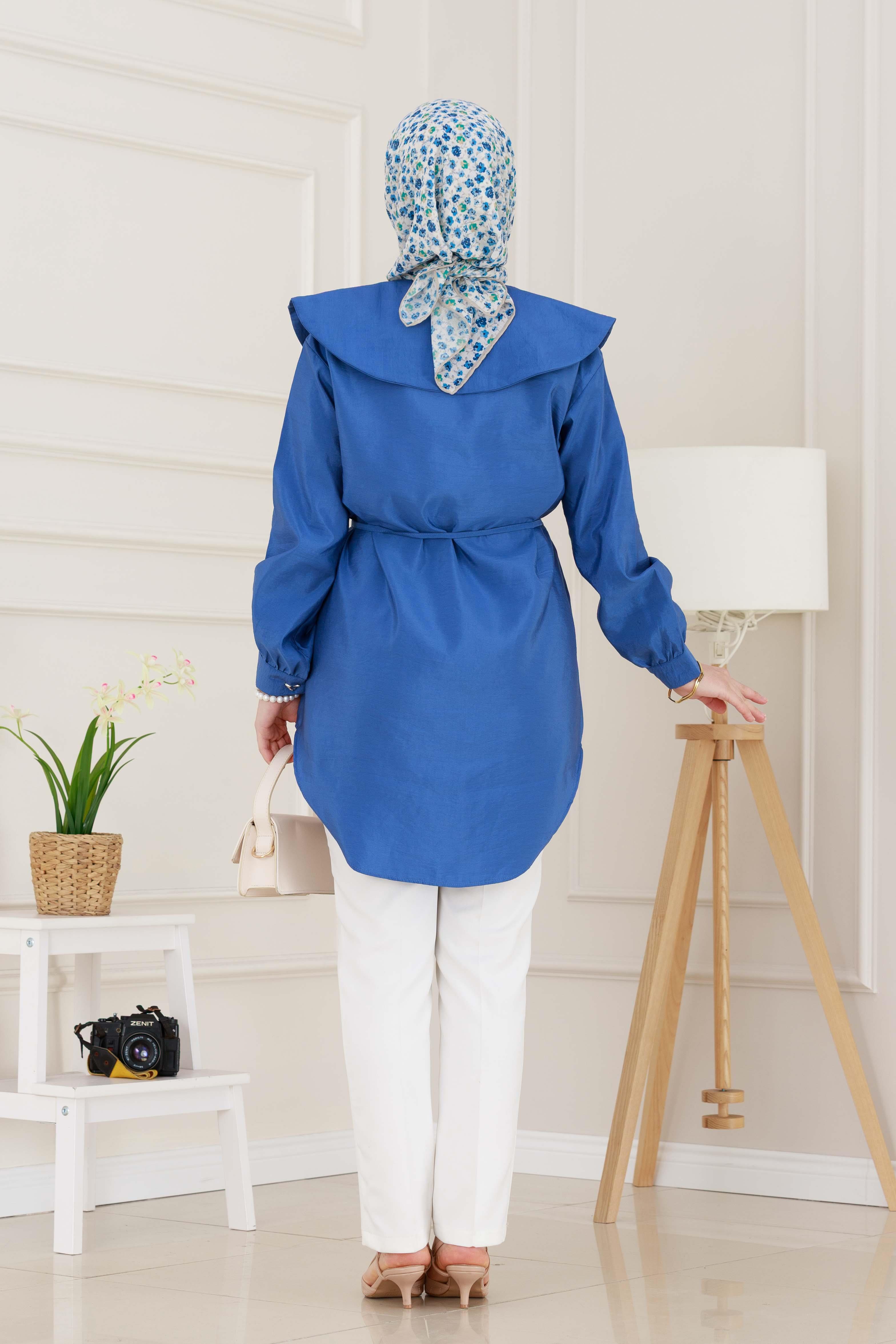 Beli Bağcık Detaylı Geniş Yaka Tunik-İndigo