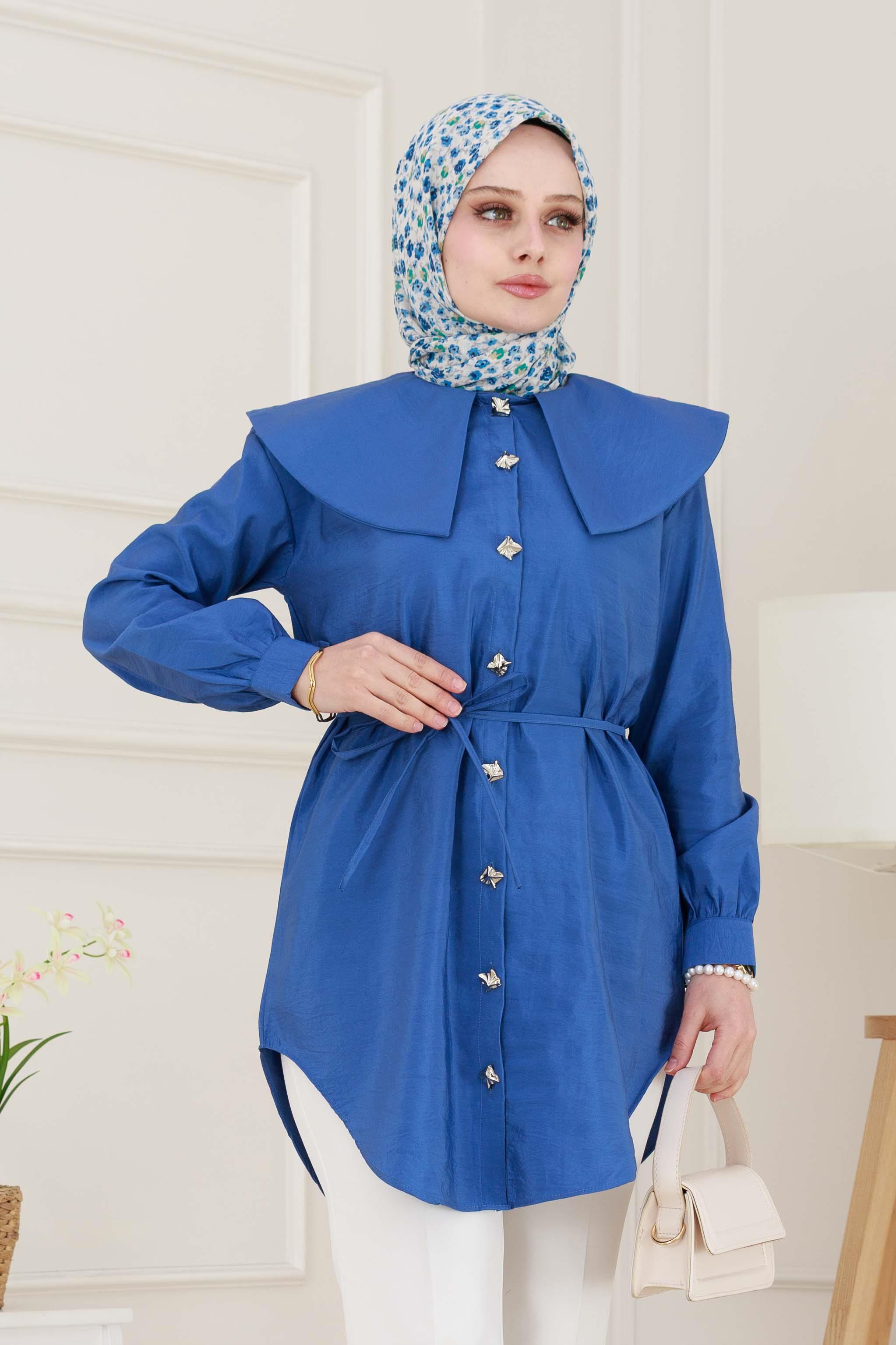 Beli Bağcık Detaylı Geniş Yaka Tunik-İndigo