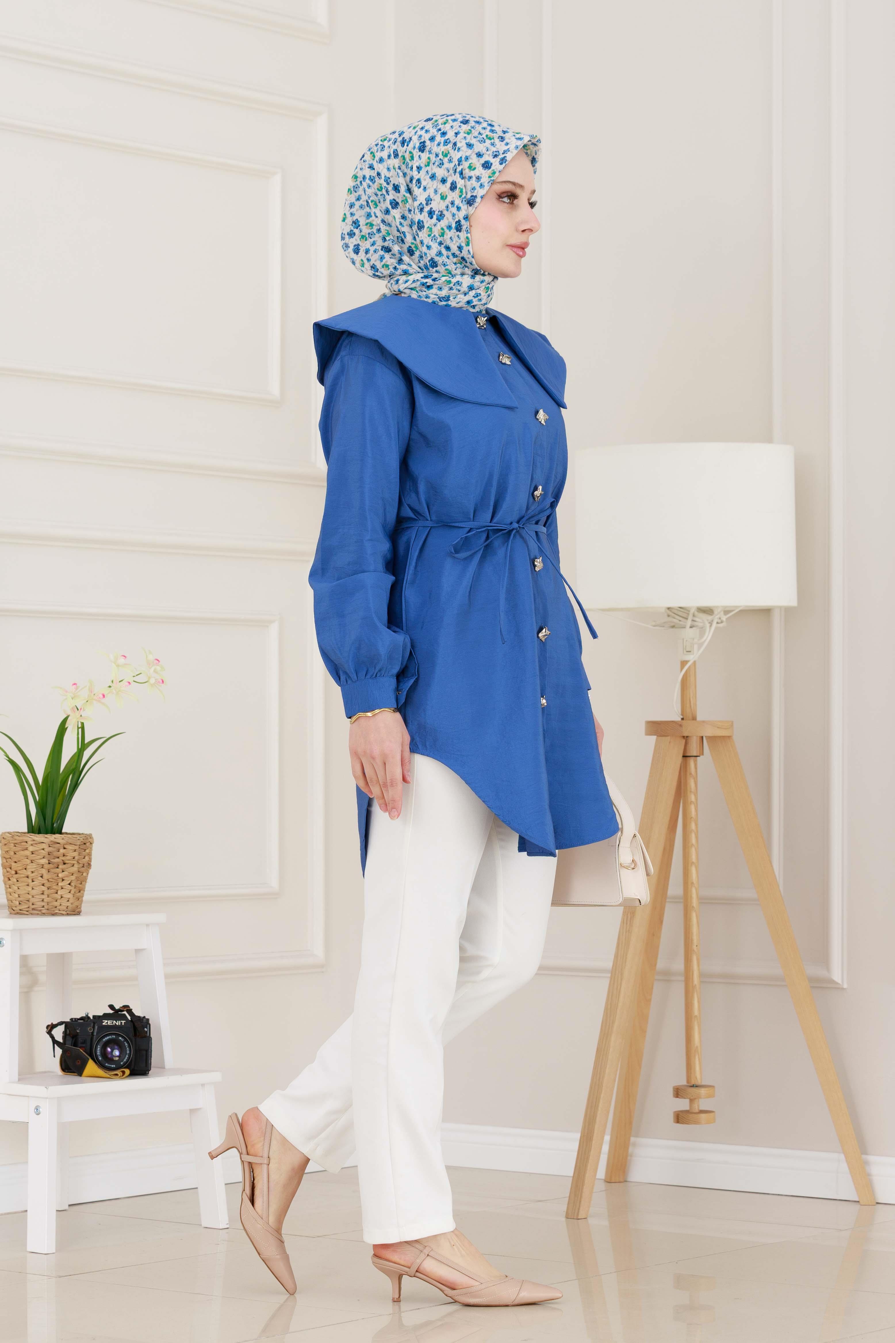 Beli Bağcık Detaylı Geniş Yaka Tunik-İndigo
