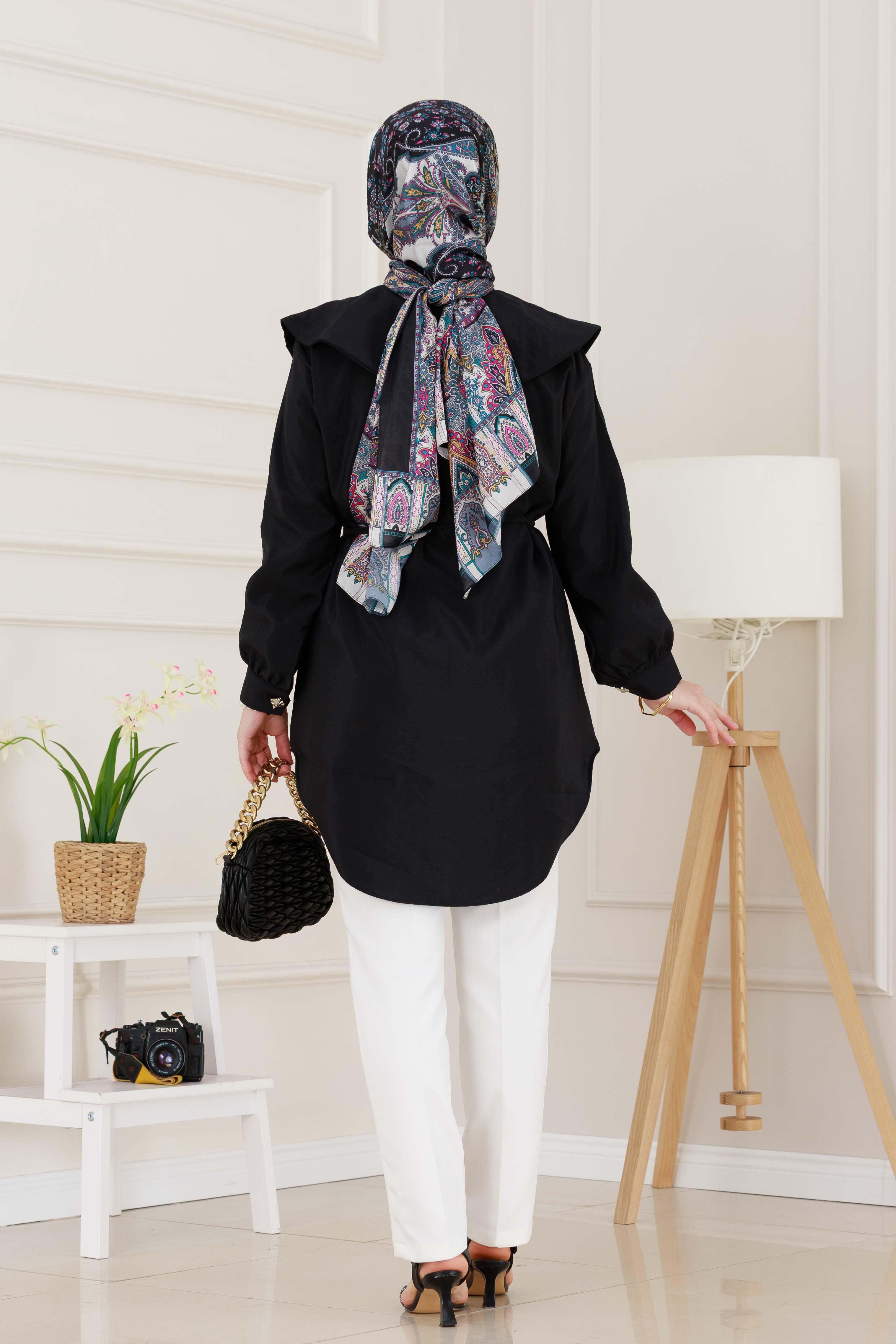 Beli Bağcık Detaylı Geniş Yaka Tunik-Siyah