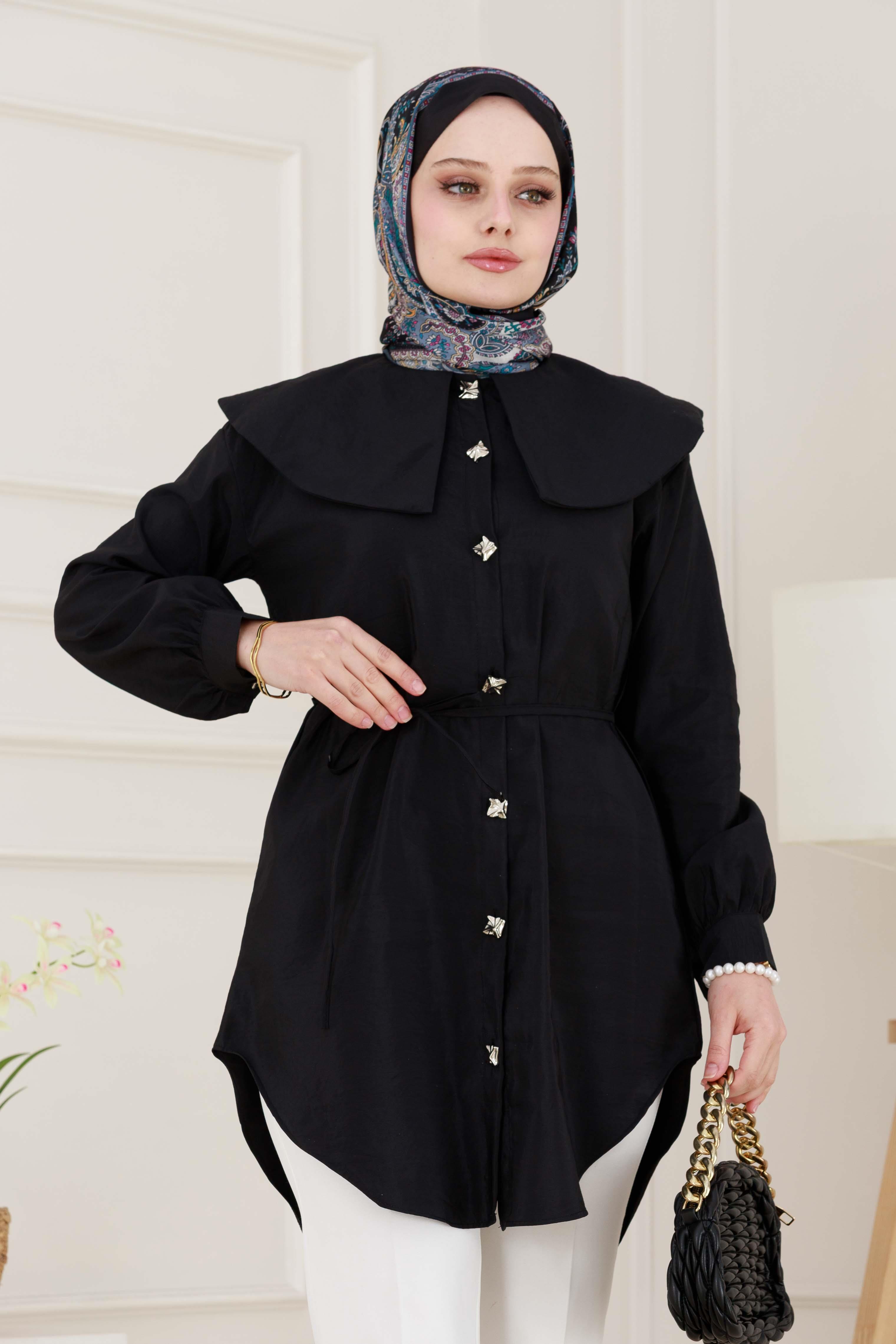 Beli Bağcık Detaylı Geniş Yaka Tunik-Siyah