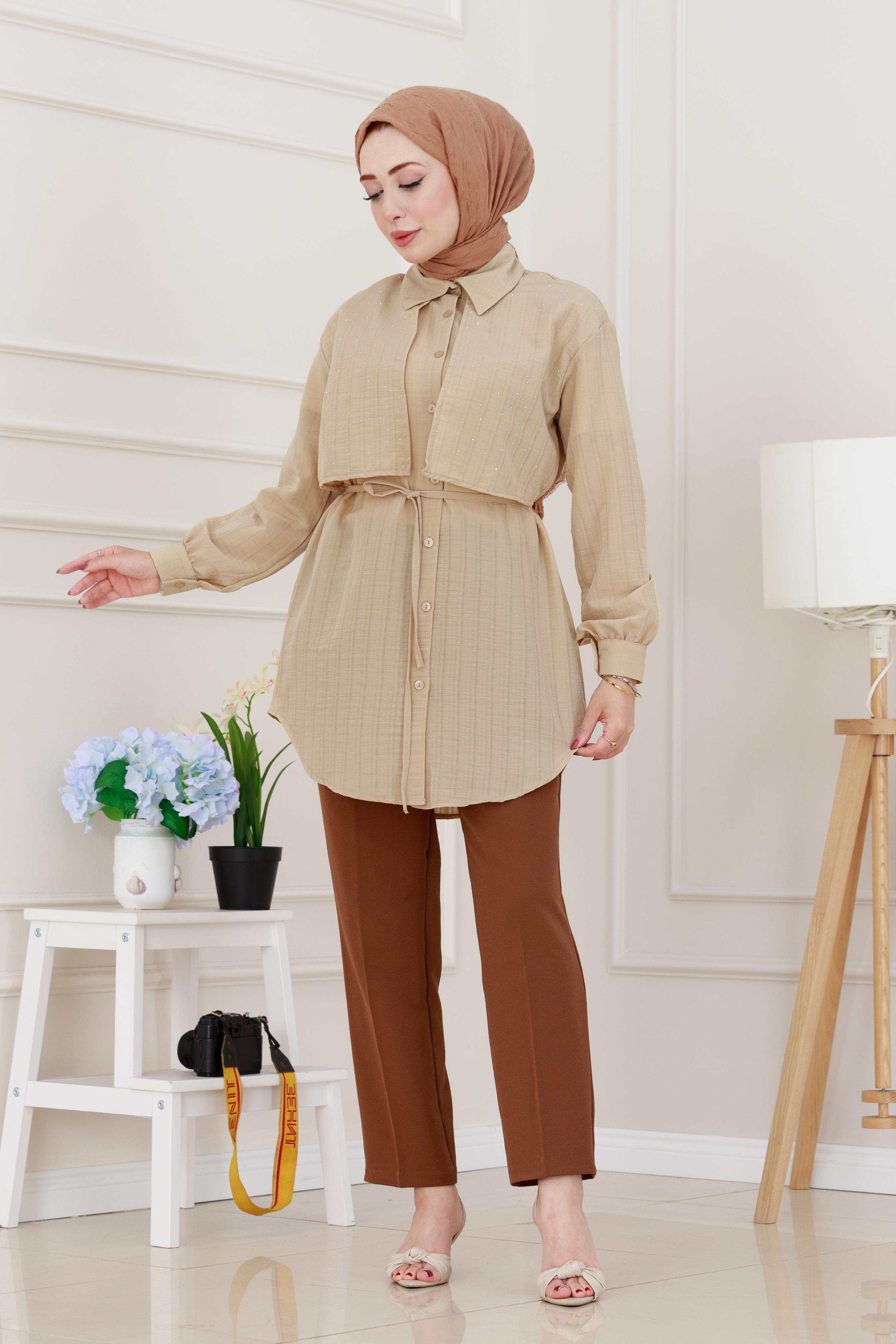 Beli Bağcıklı Allerli Taşlı Tunik-Bej