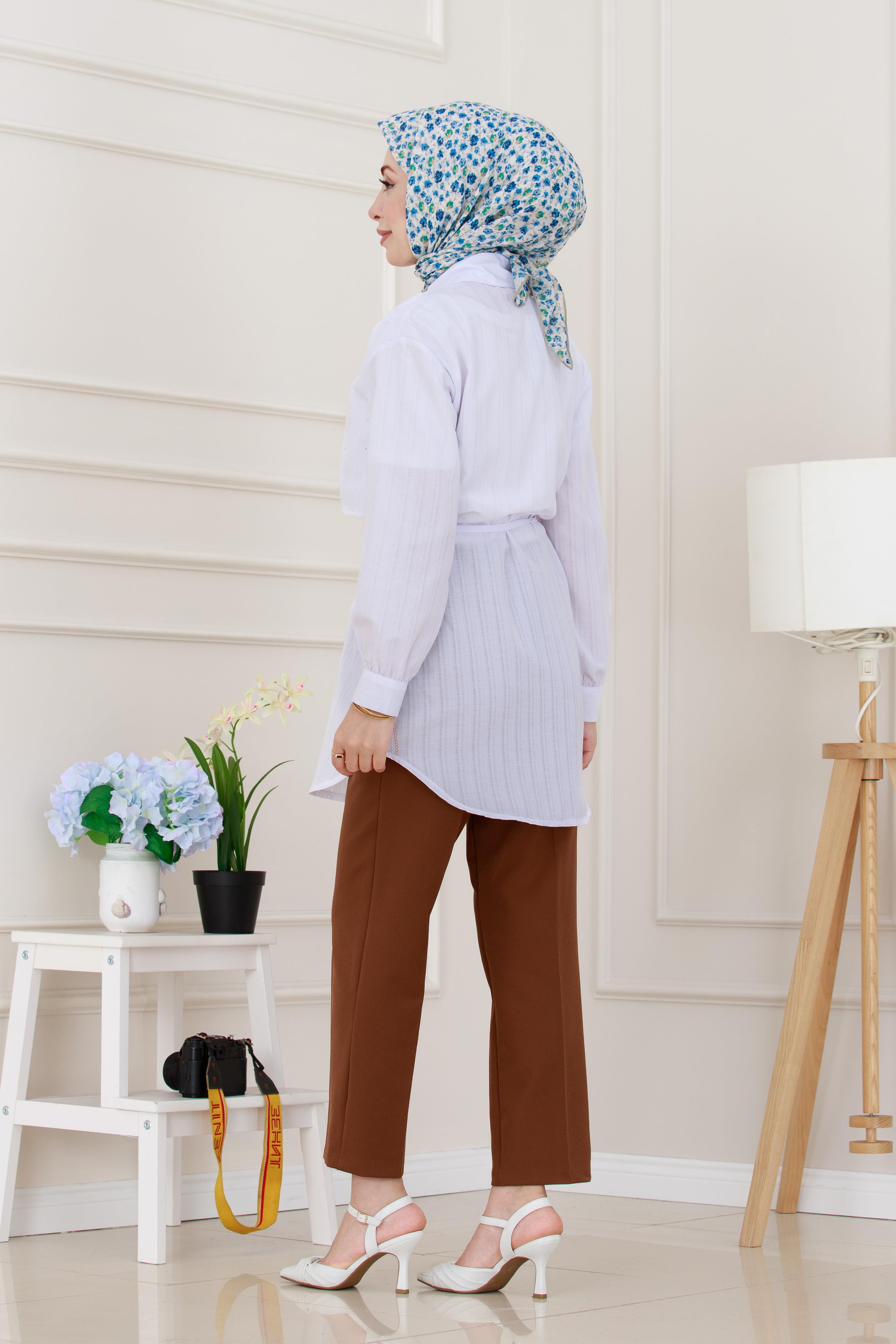 Beli Bağcıklı Allerli Taşlı Tunik-Beyaz