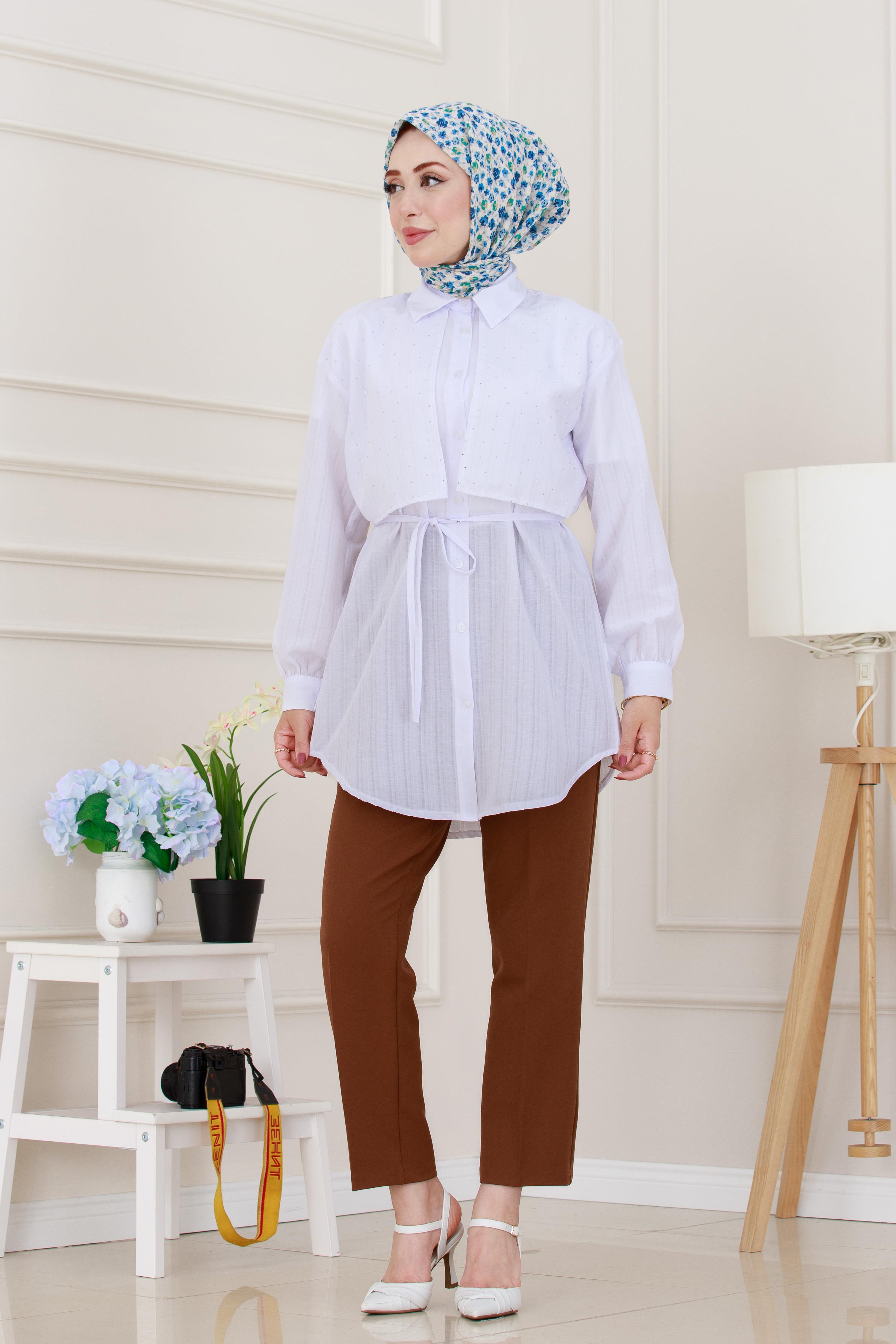 Beli Bağcıklı Allerli Taşlı Tunik-Beyaz