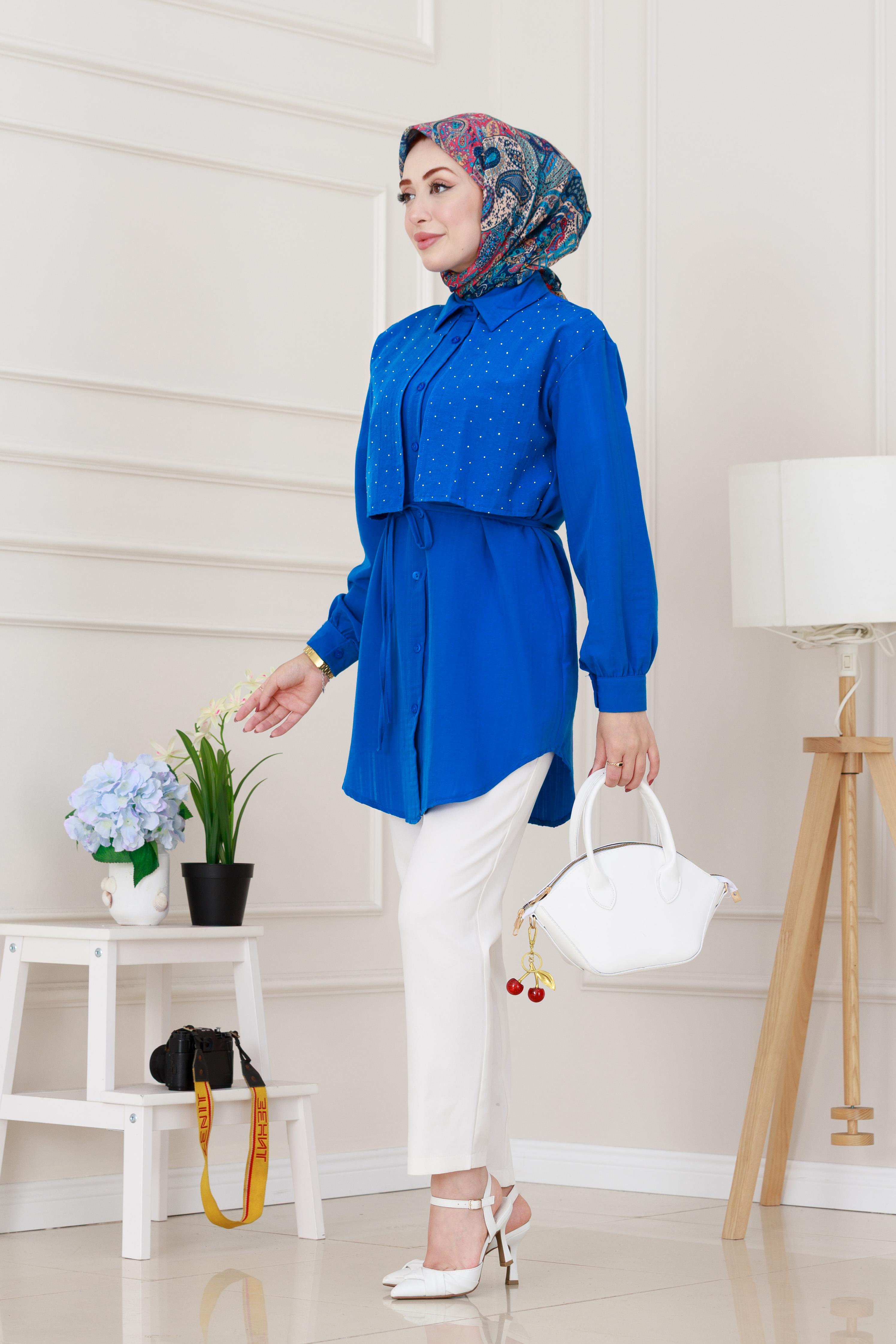 Beli Bağcıklı Allerli Taşlı Tunik-Mavi