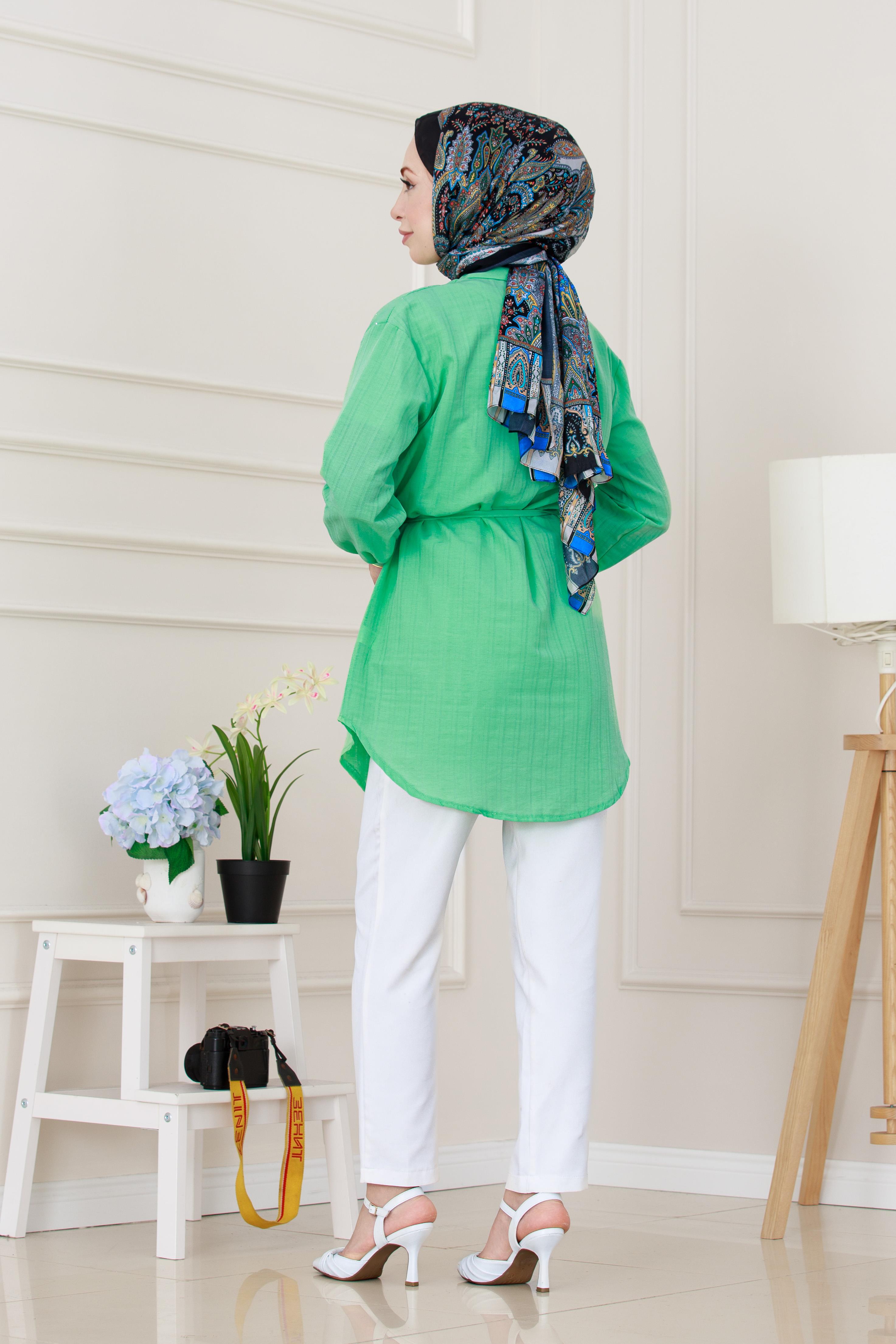 Beli Bağcıklı Allerli Taşlı Tunik-Su Yeşili
