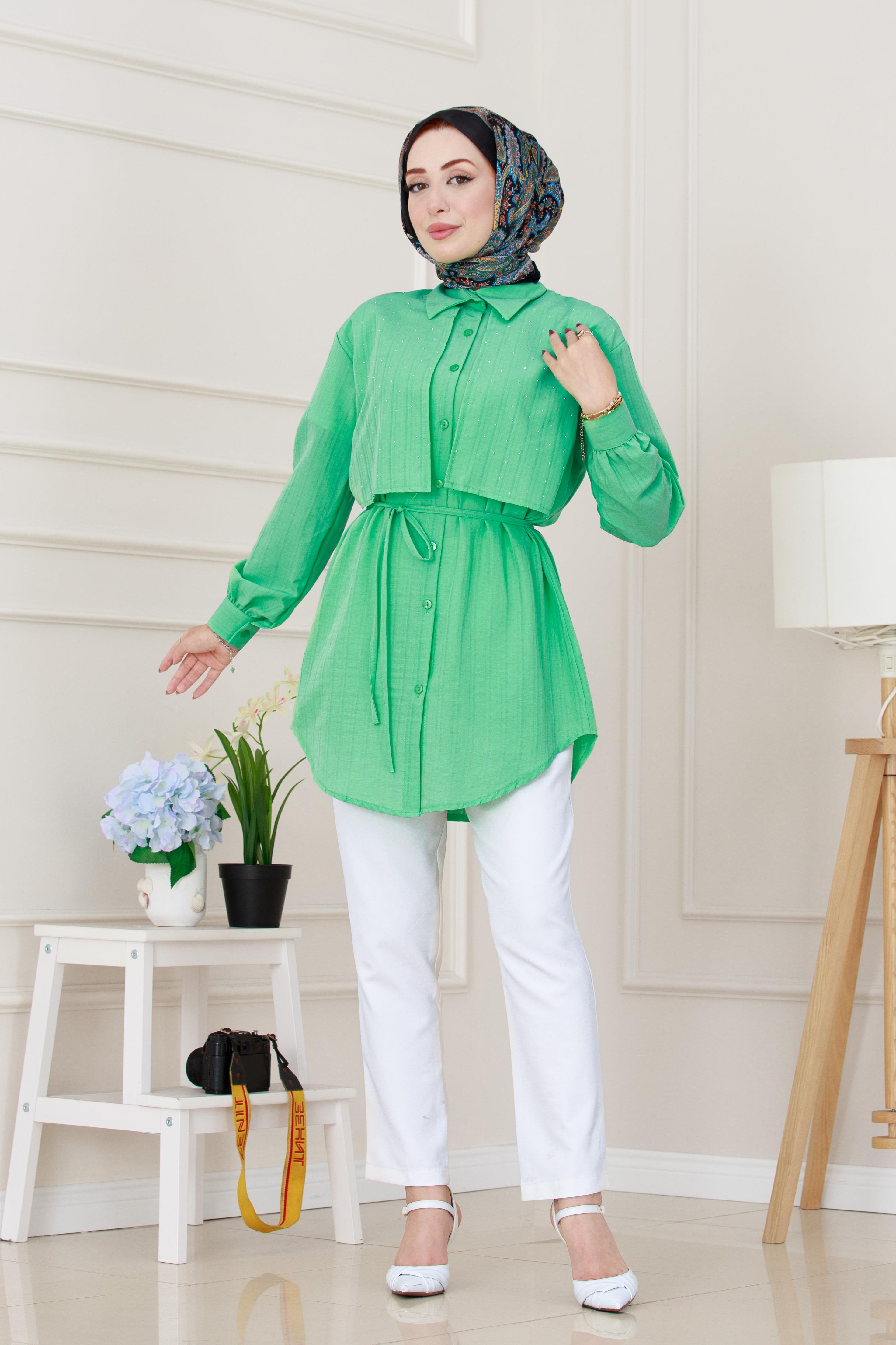Beli Bağcıklı Allerli Taşlı Tunik-Su Yeşili