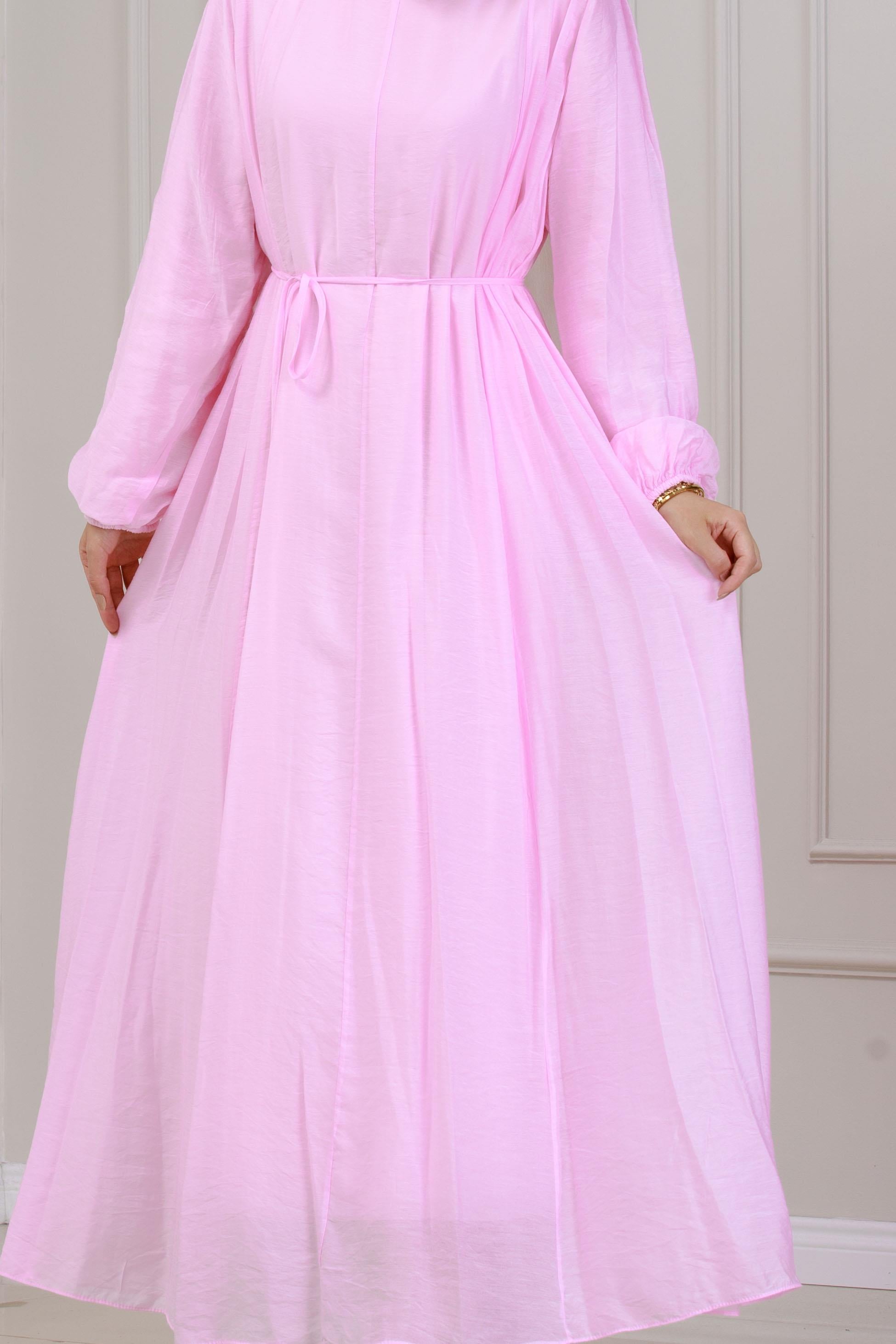 Beli Bağcıklı Pera Elbise-Pembe