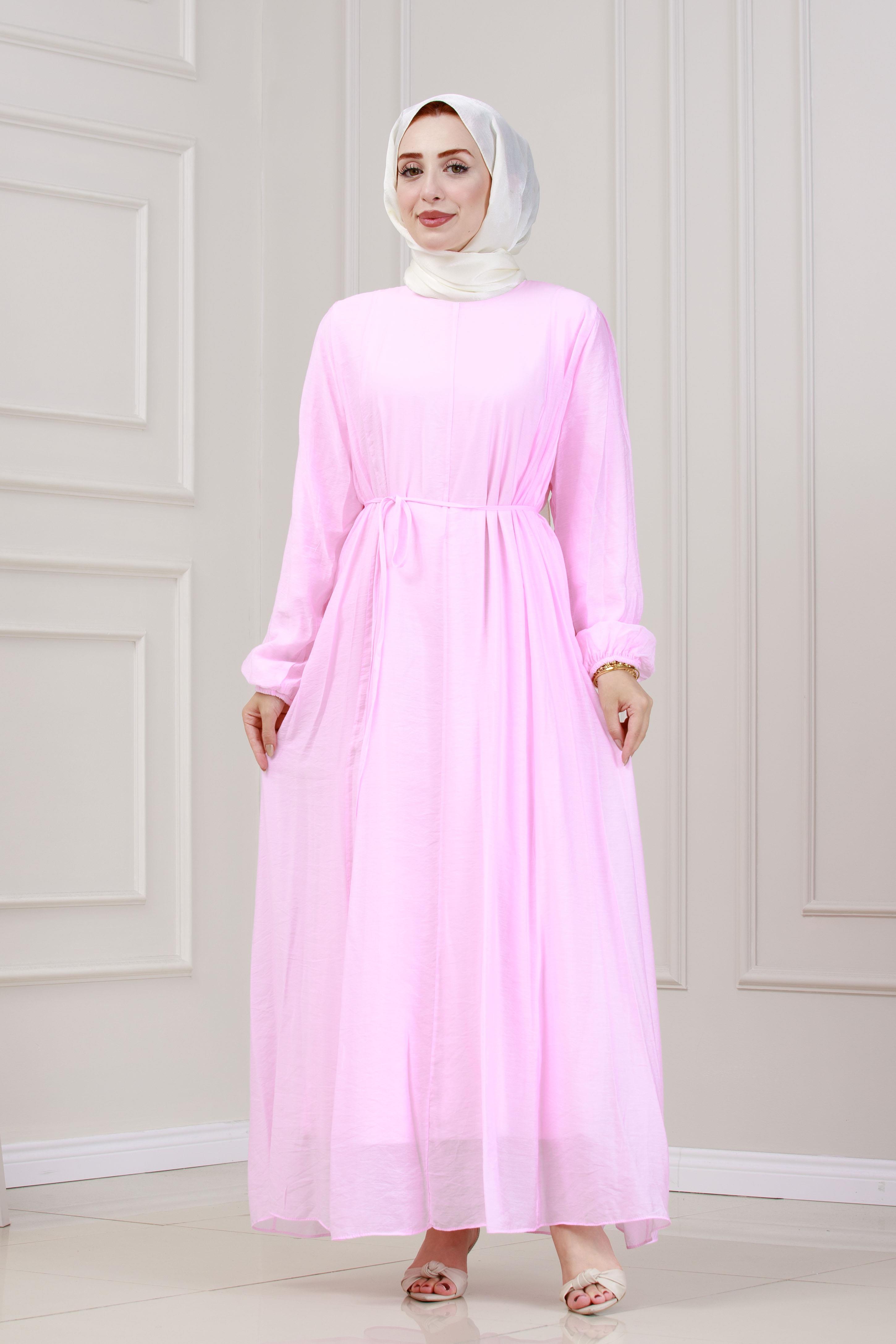 Beli Bağcıklı Pera Elbise-Pembe
