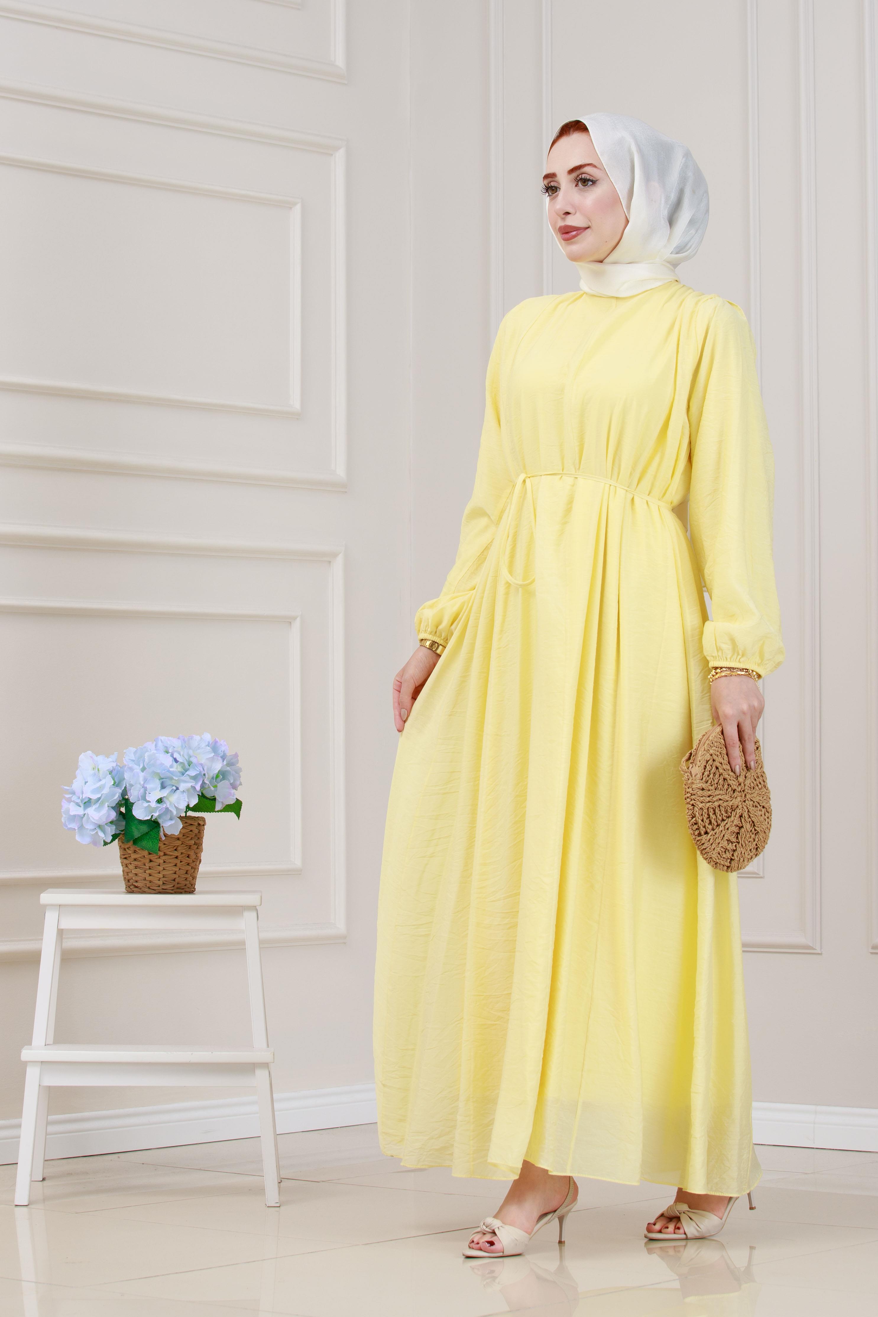 Beli Bağcıklı Pera Elbise-Sarı