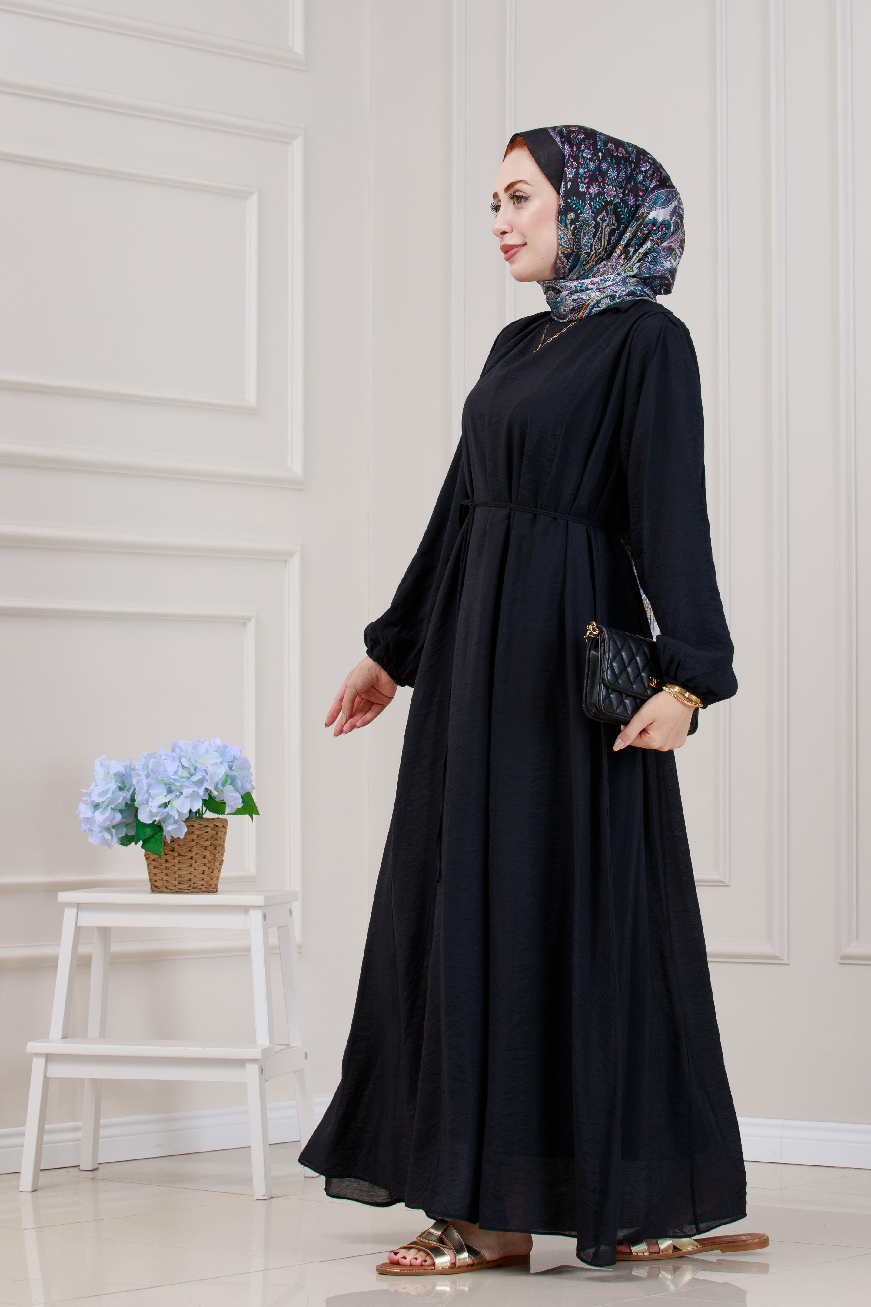 Beli Bağcıklı Pera Elbise-Siyah