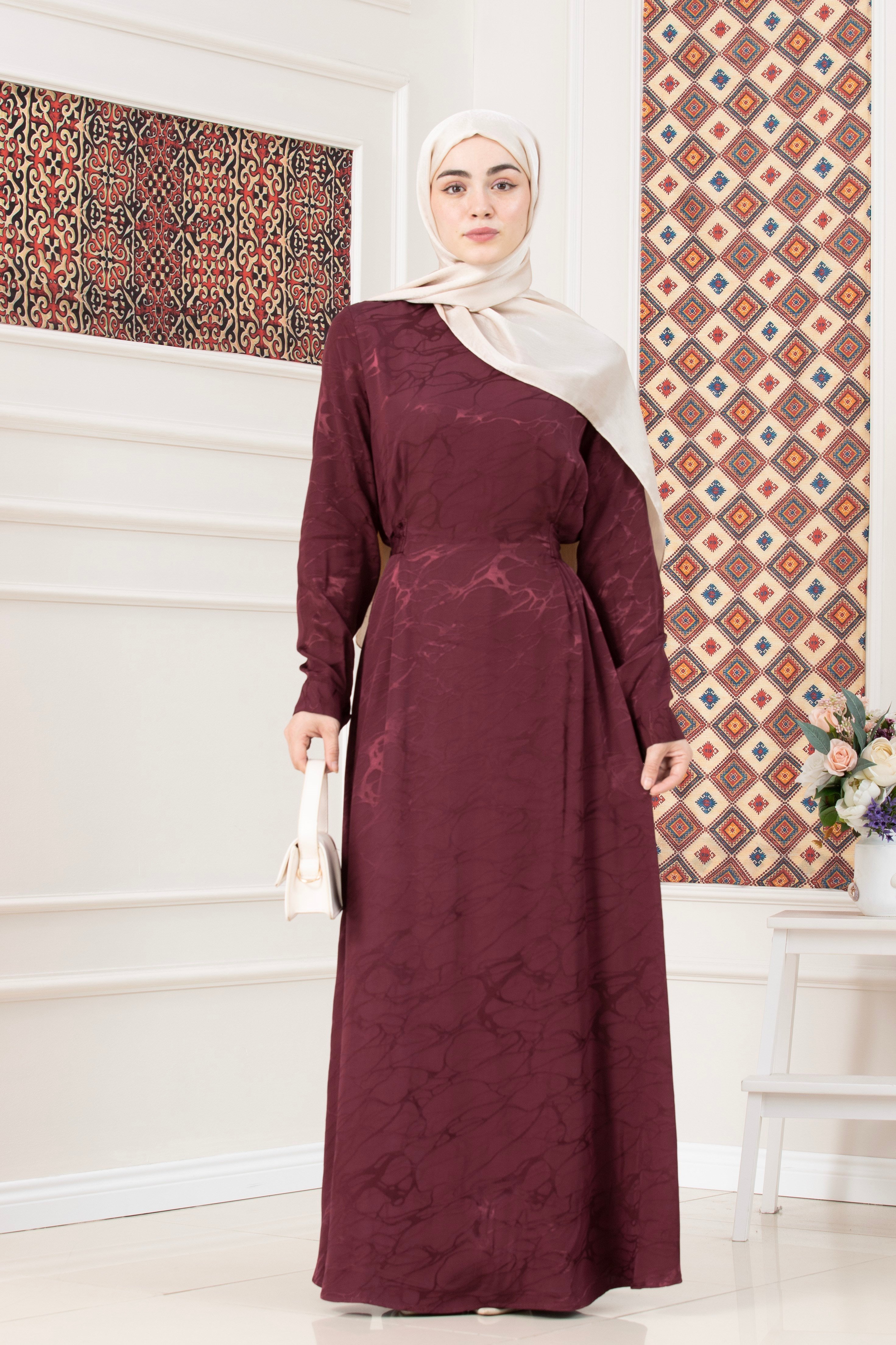 Beli Bağlamalı Jakar Abiye Elbise-BORDO