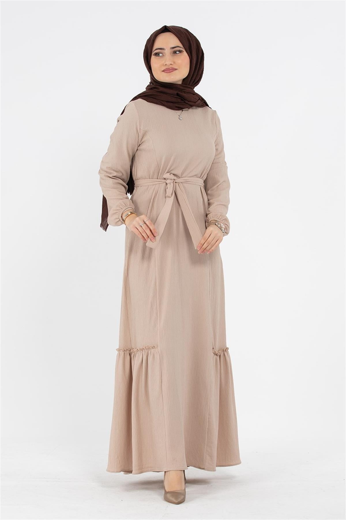 Crepe Fabric Belted Dress - Cream