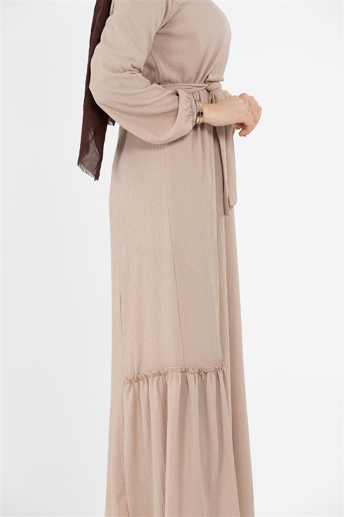 Crepe Fabric Belted Dress - Cream