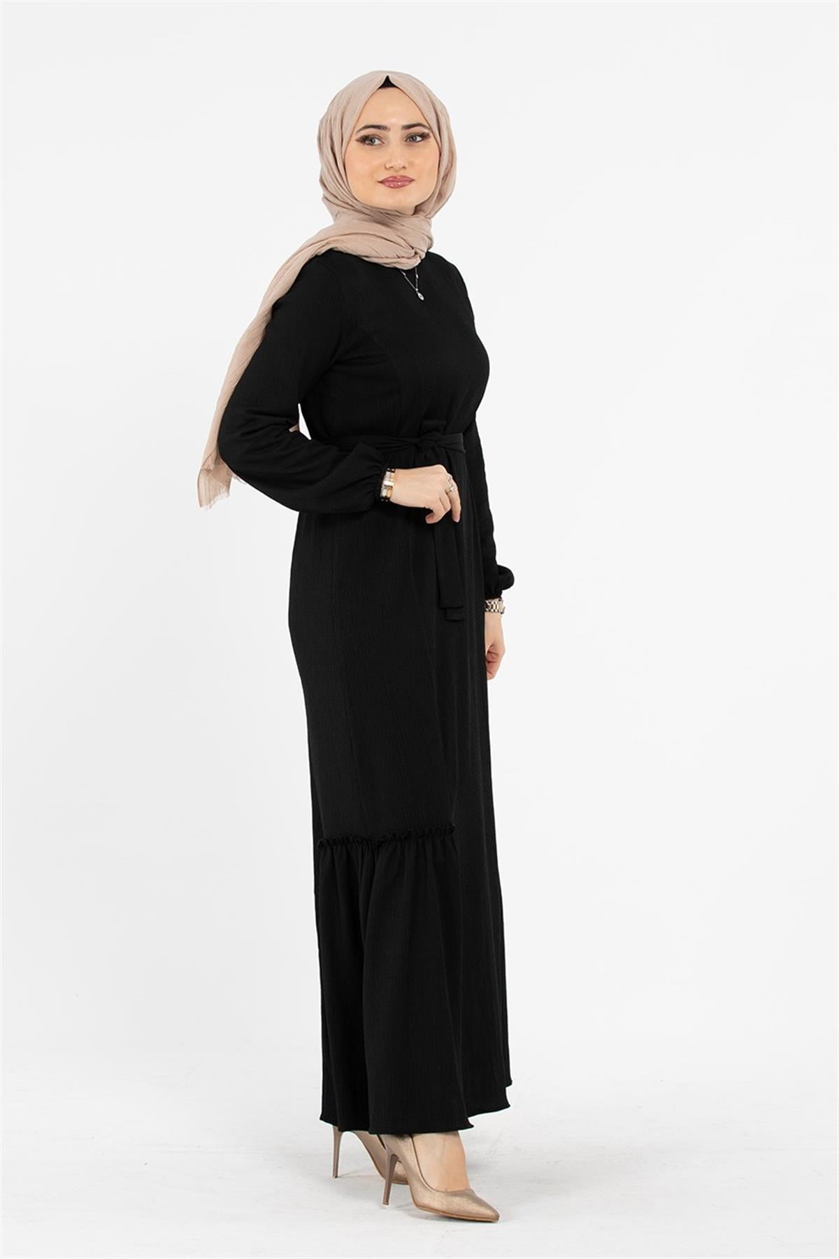 Crepe Fabric Belted Dress - Black