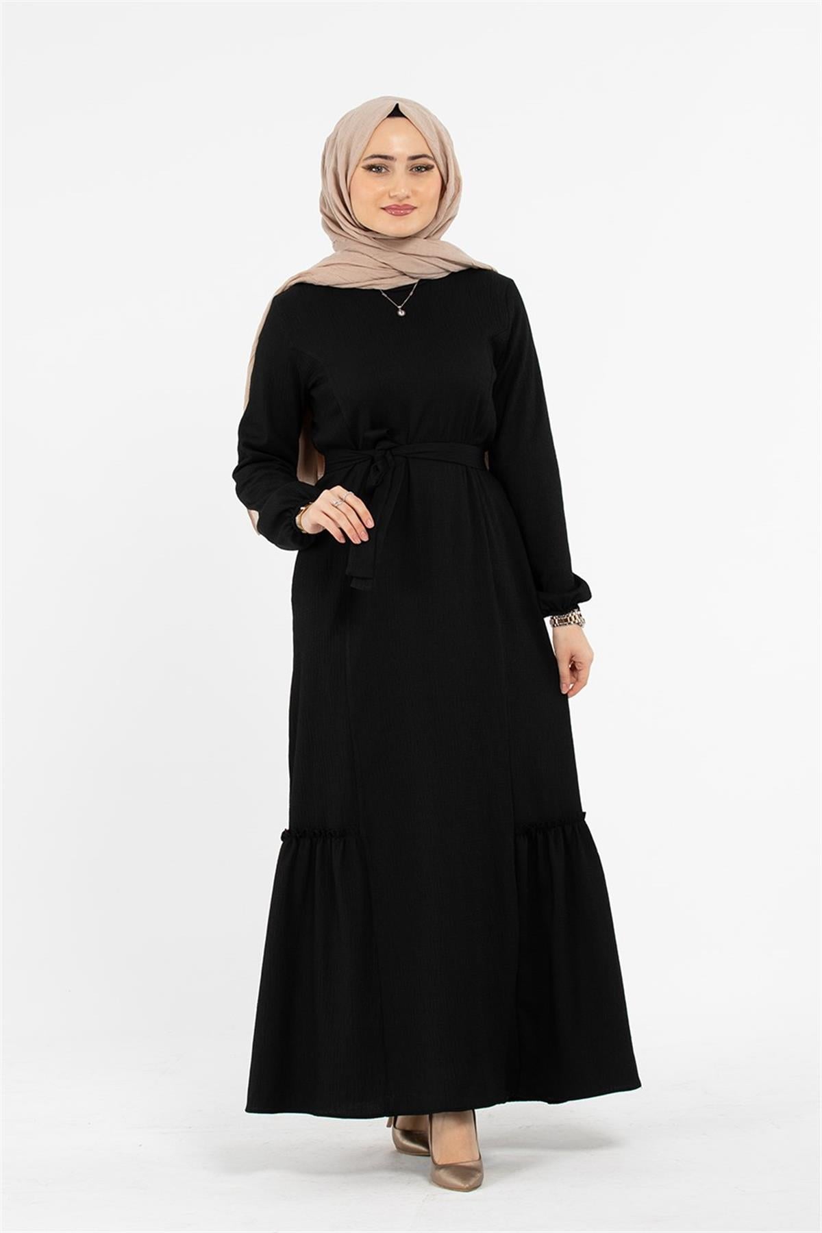 Crepe Fabric Belted Dress - Black
