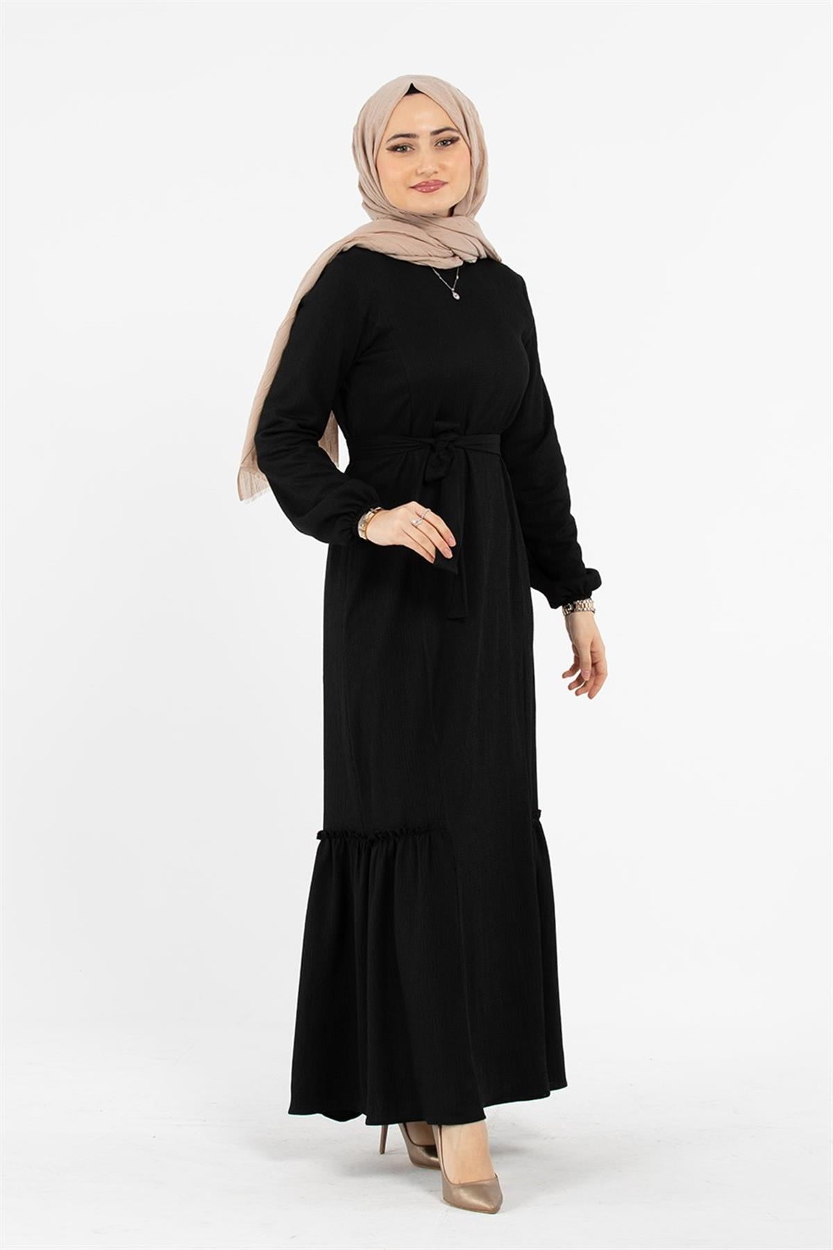 Crepe Fabric Belted Dress - Black